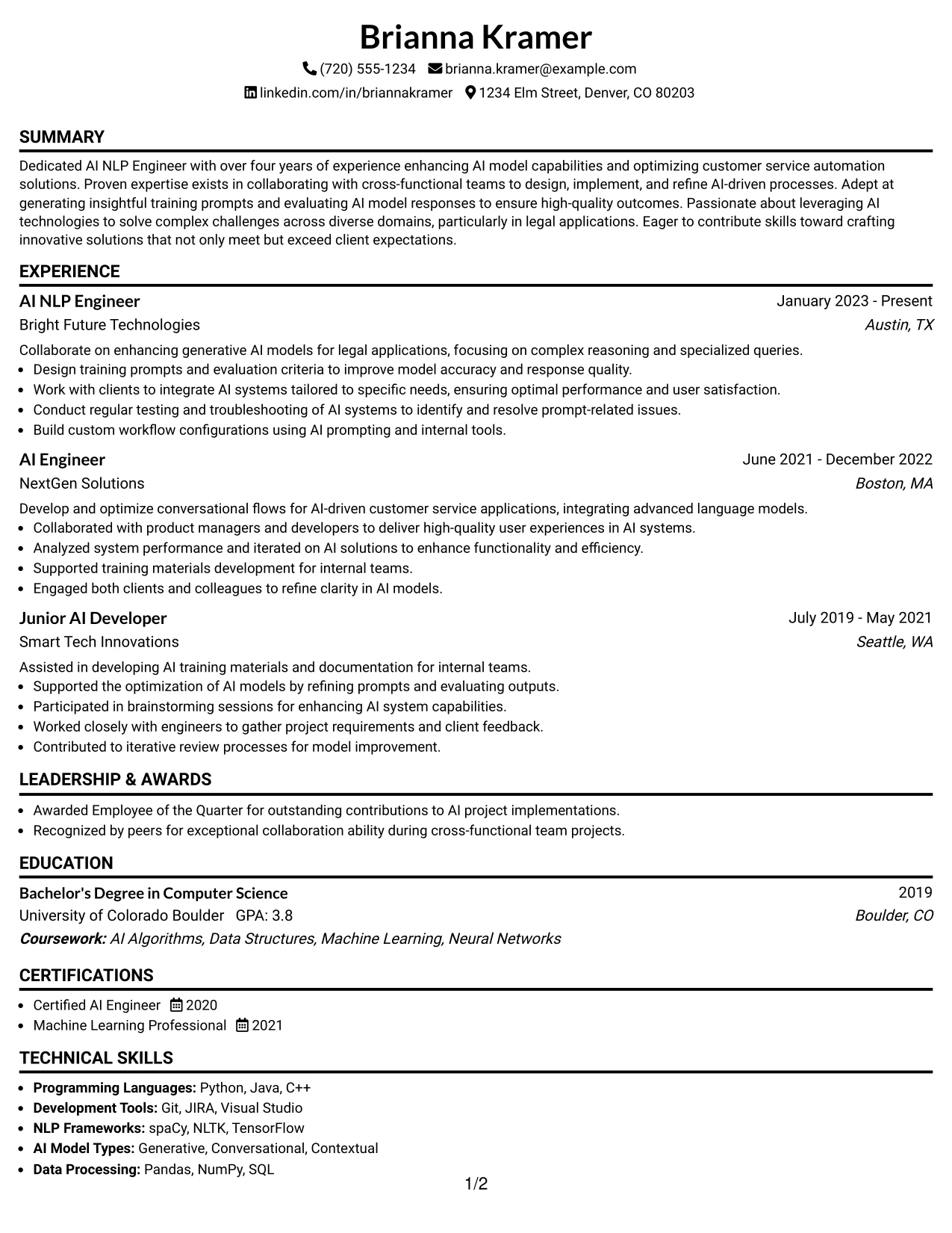 Resume Example Page 1