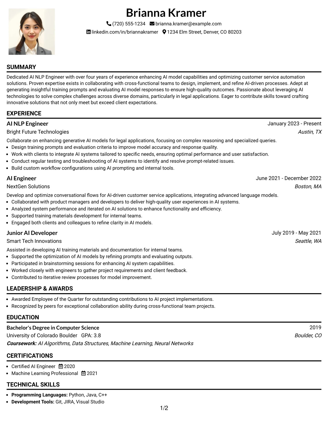 Resume Example Page 1