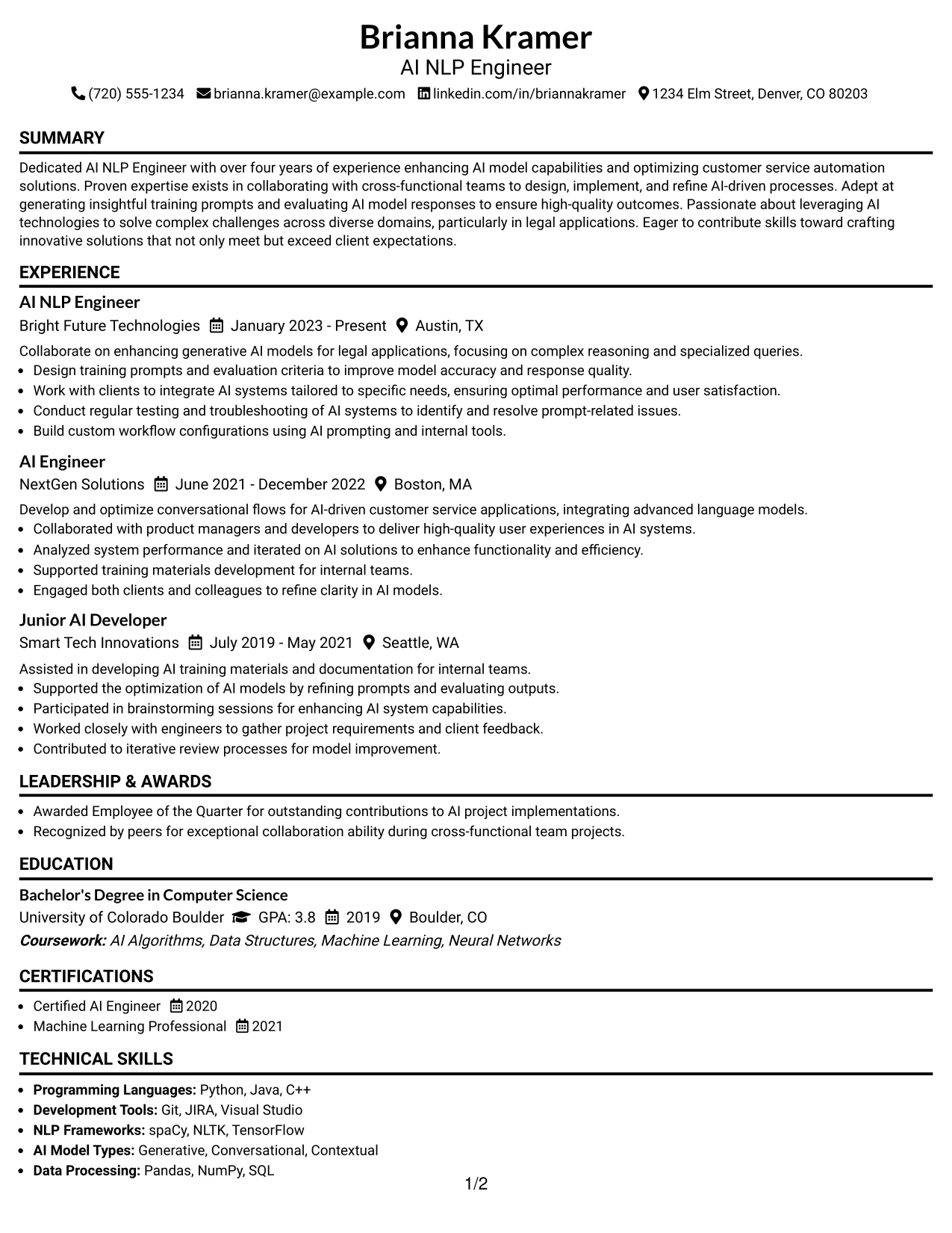 Resume Example Page 1