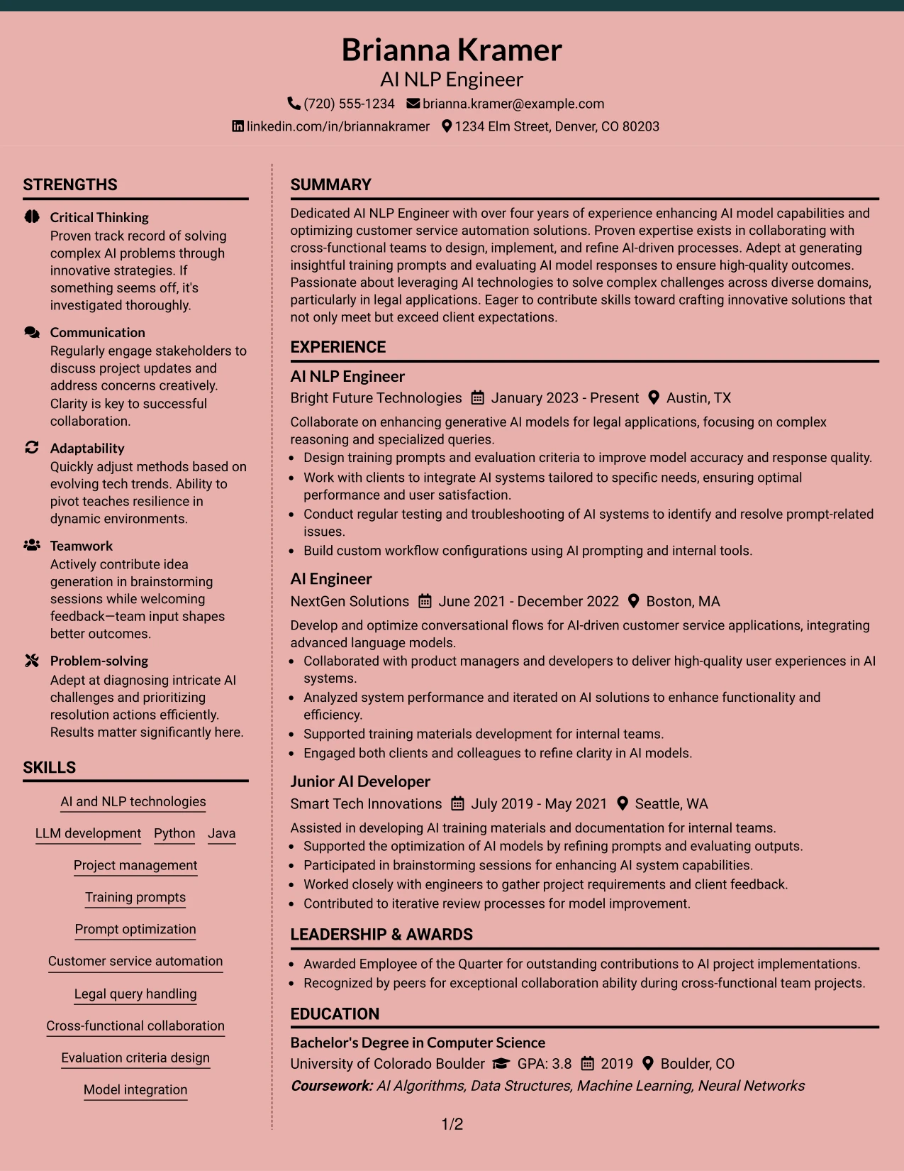 Resume Example Page 1