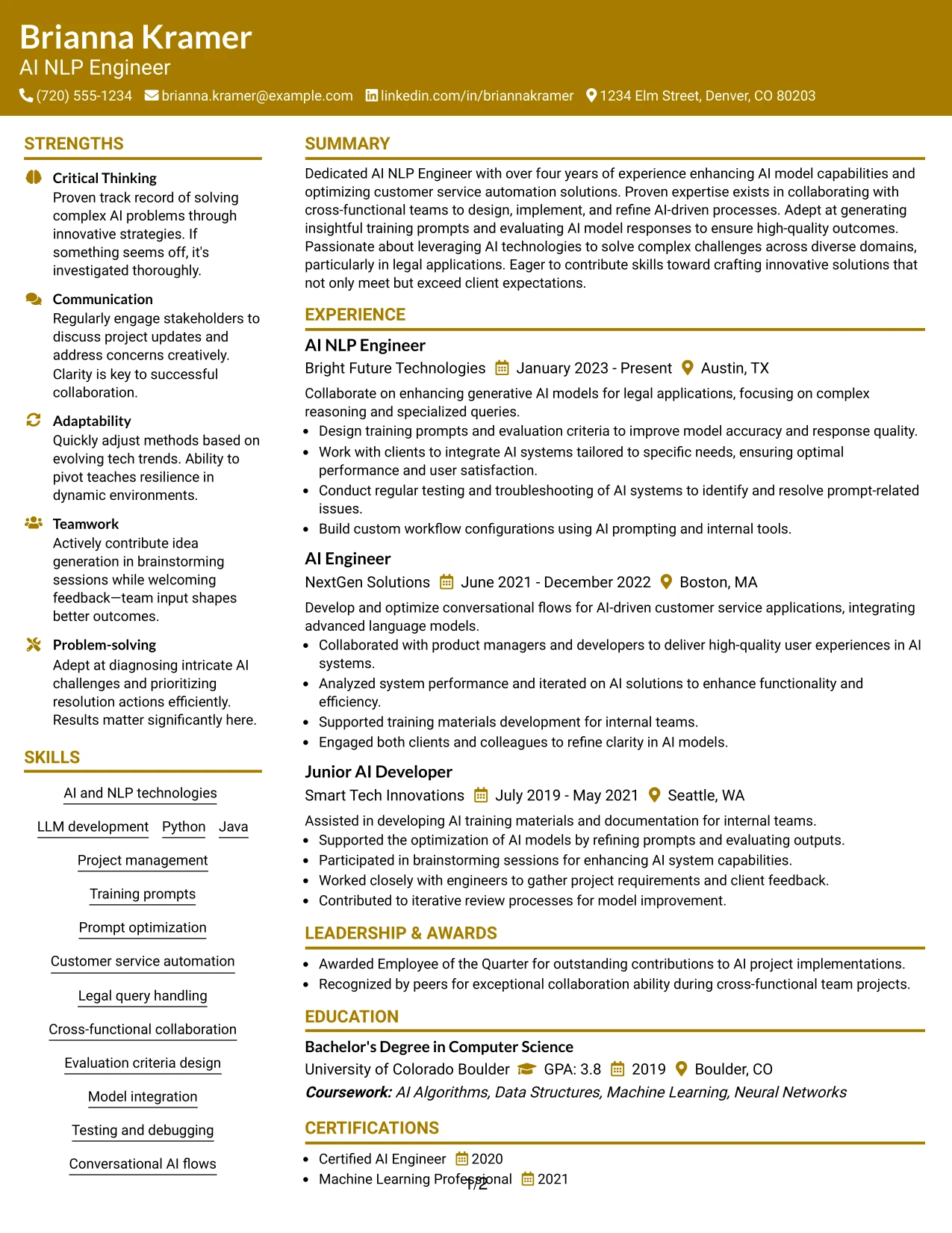 Resume Example Page 1