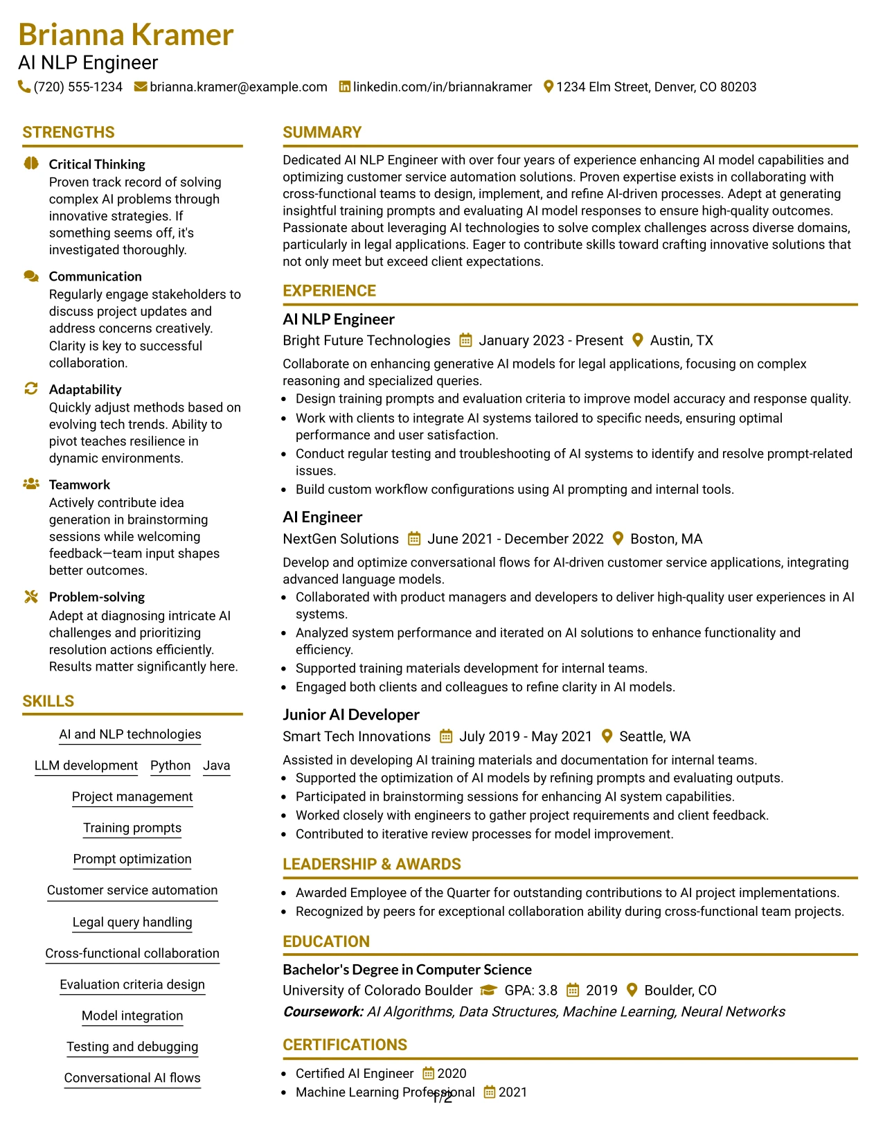 Resume Example Page 1