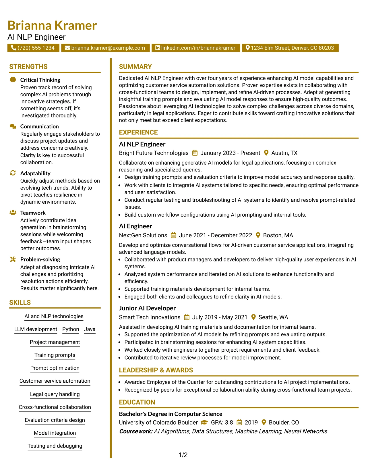 Resume Example Page 1
