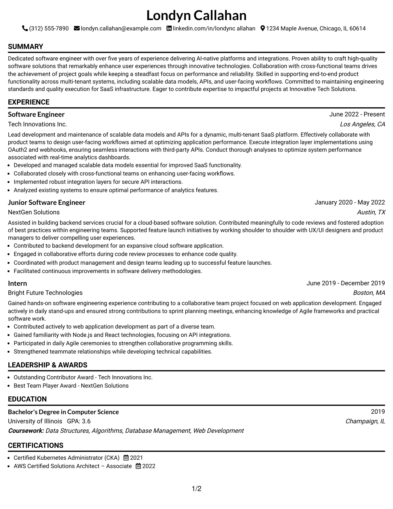 Resume Example Page 1