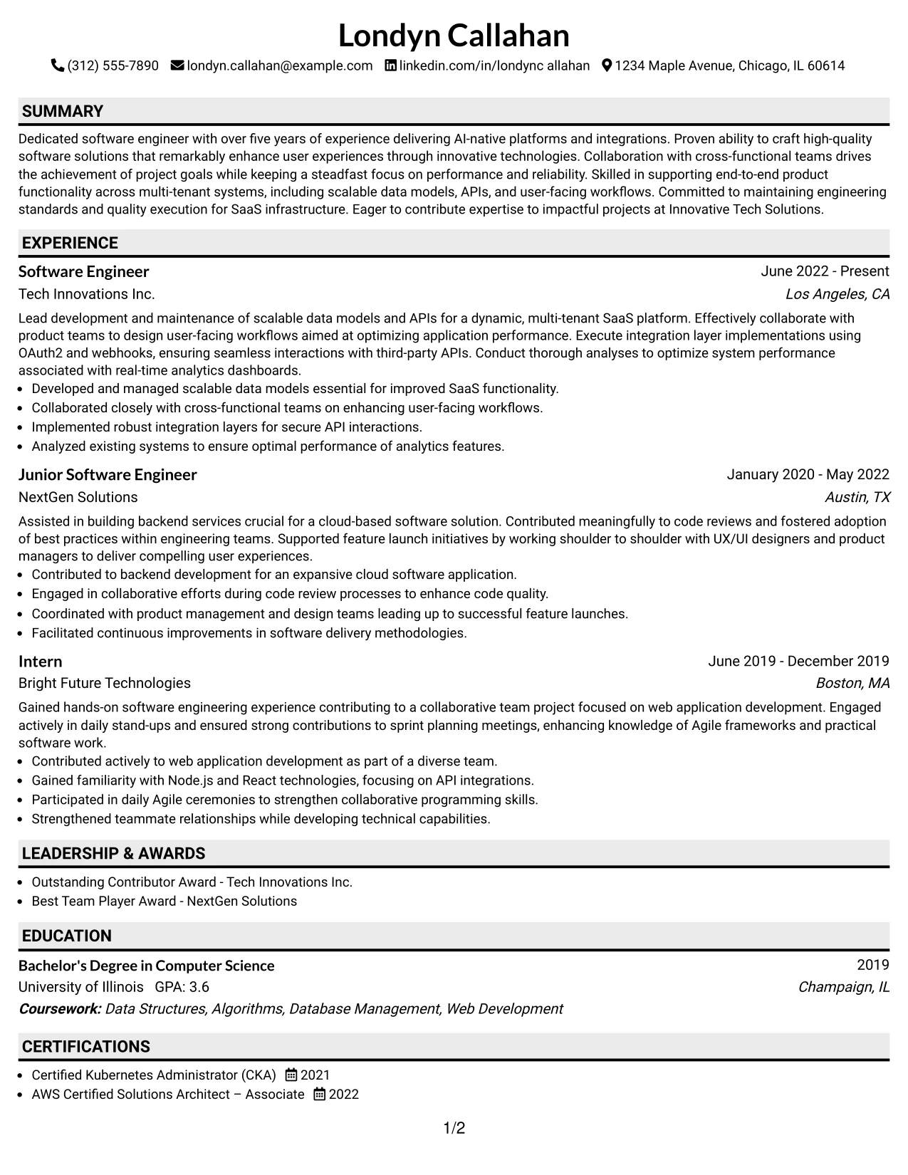 Resume Example Page 1