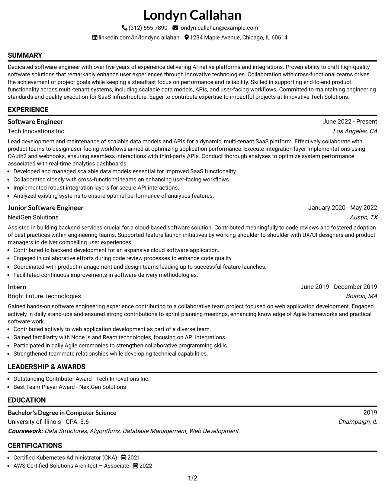 Resume Example Page 1