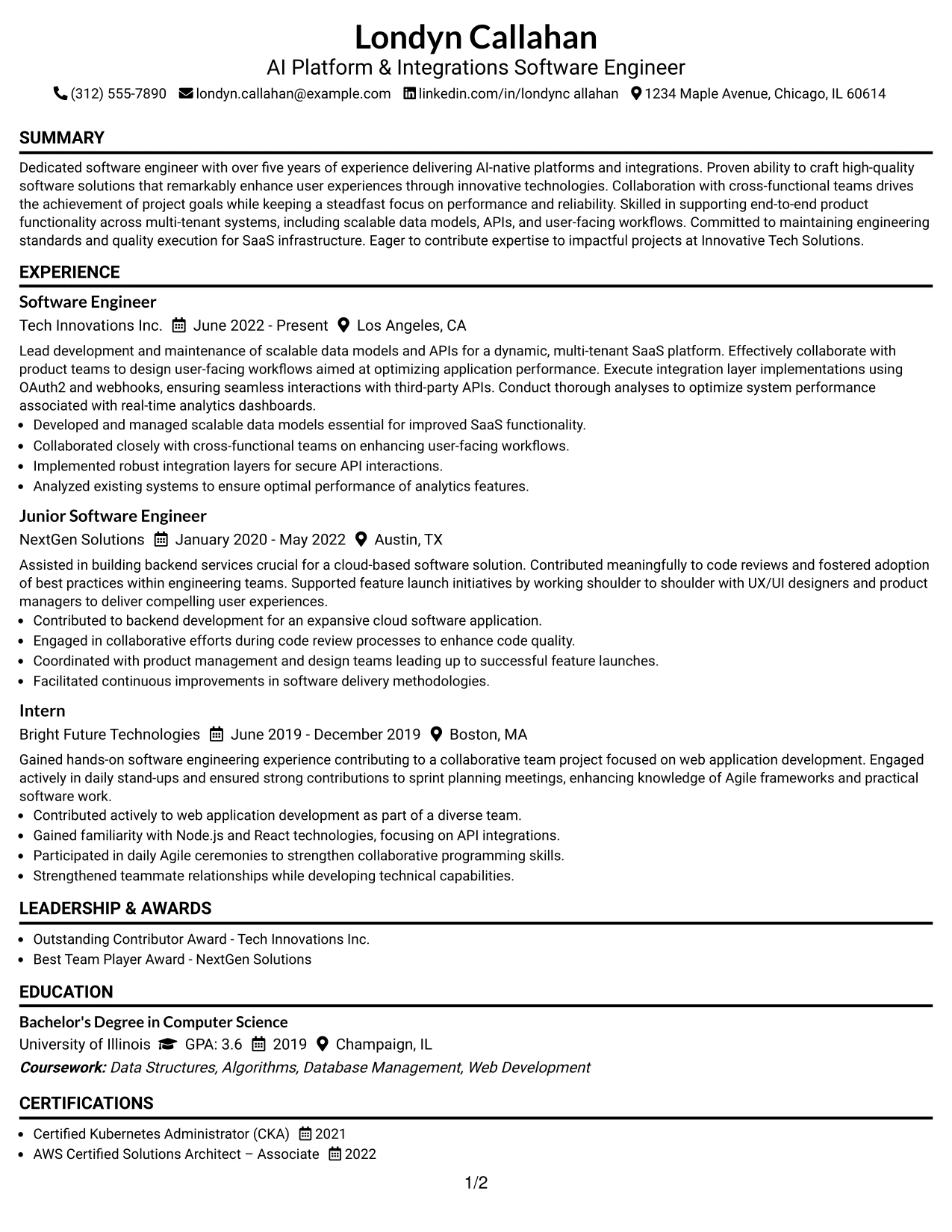 Resume Example Page 1