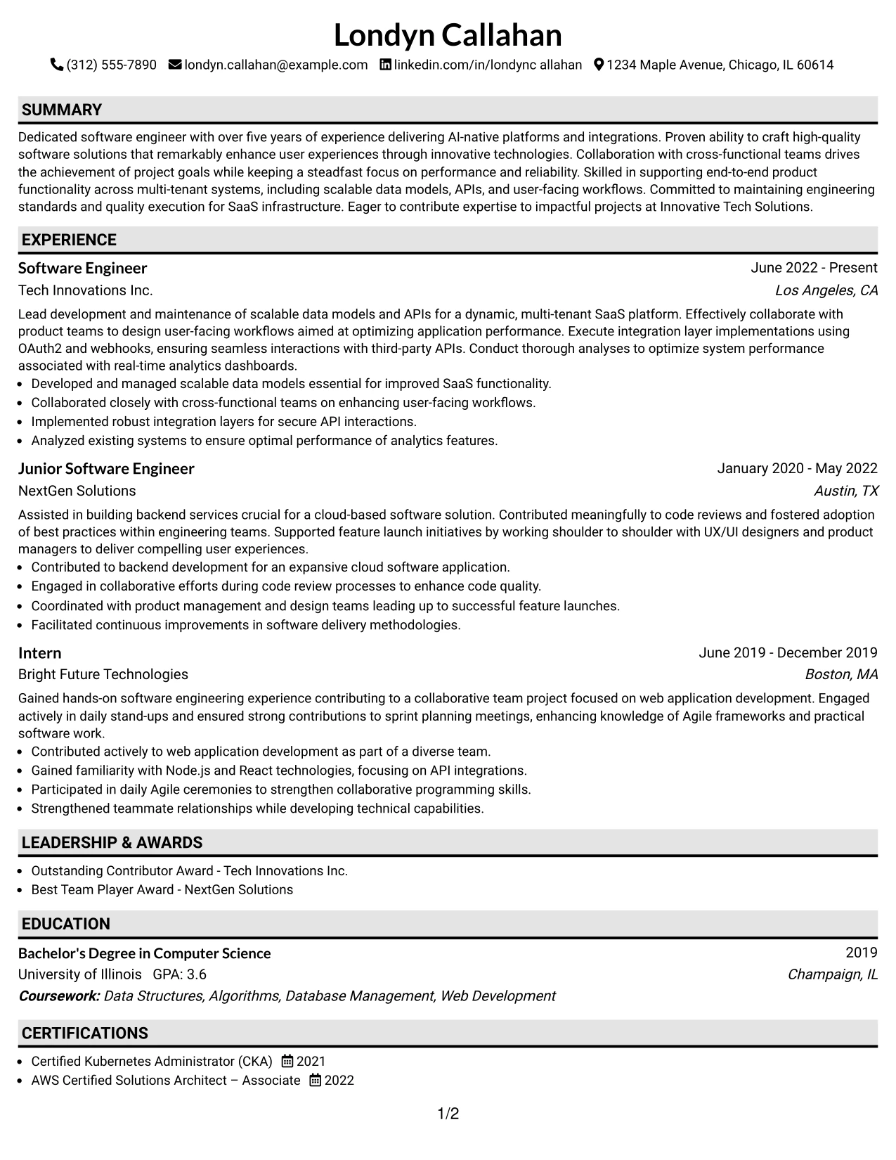 Resume Example Page 1