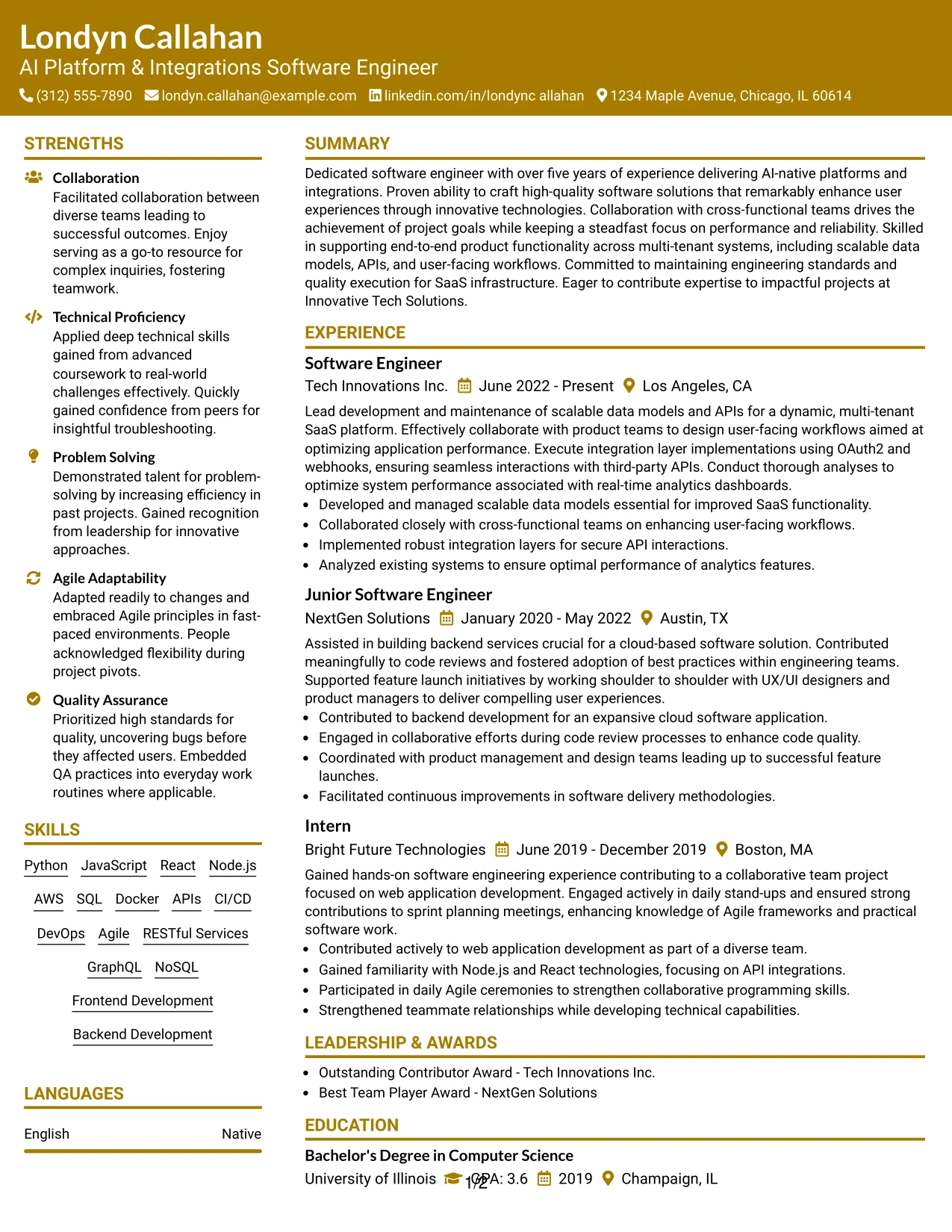 Resume Example Page 1