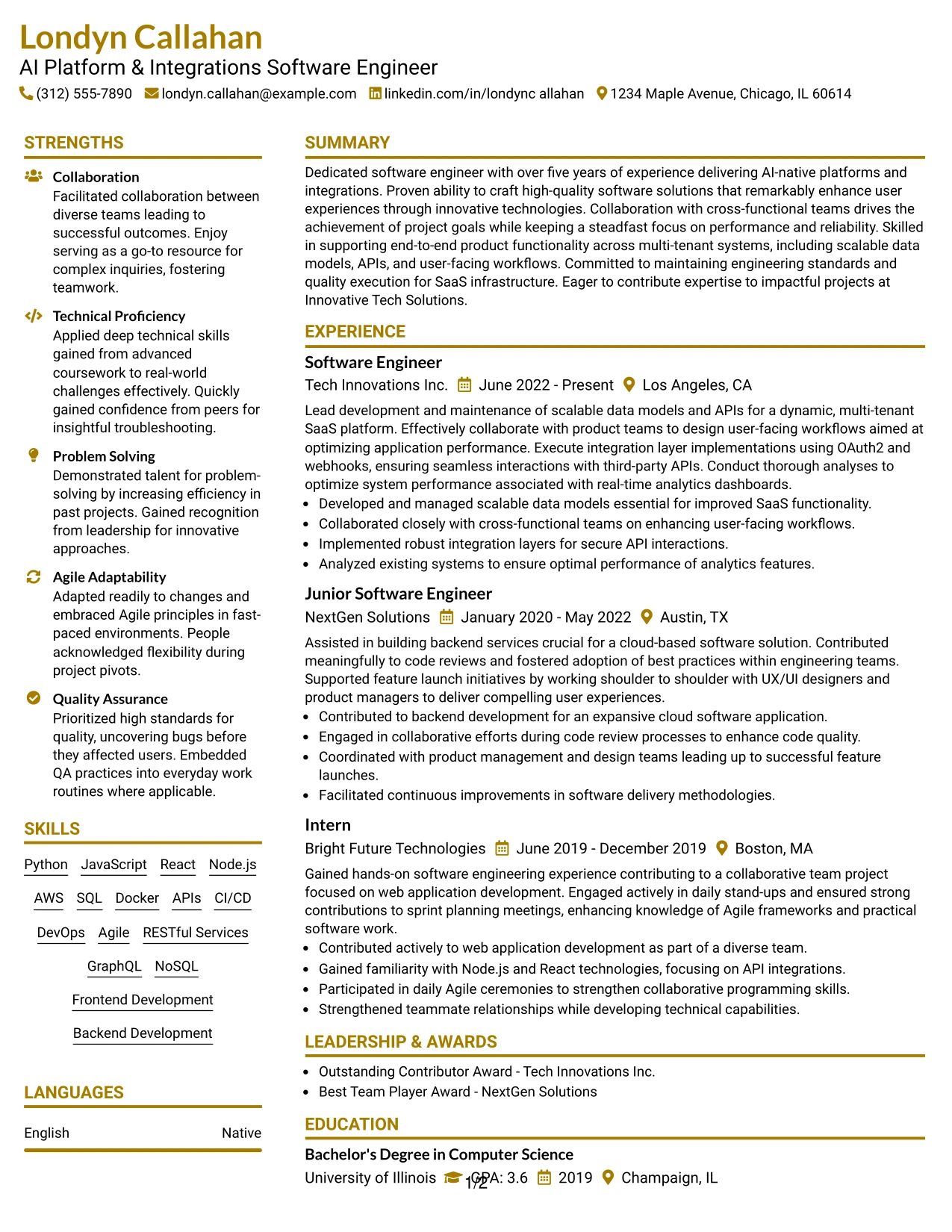 Resume Example Page 1
