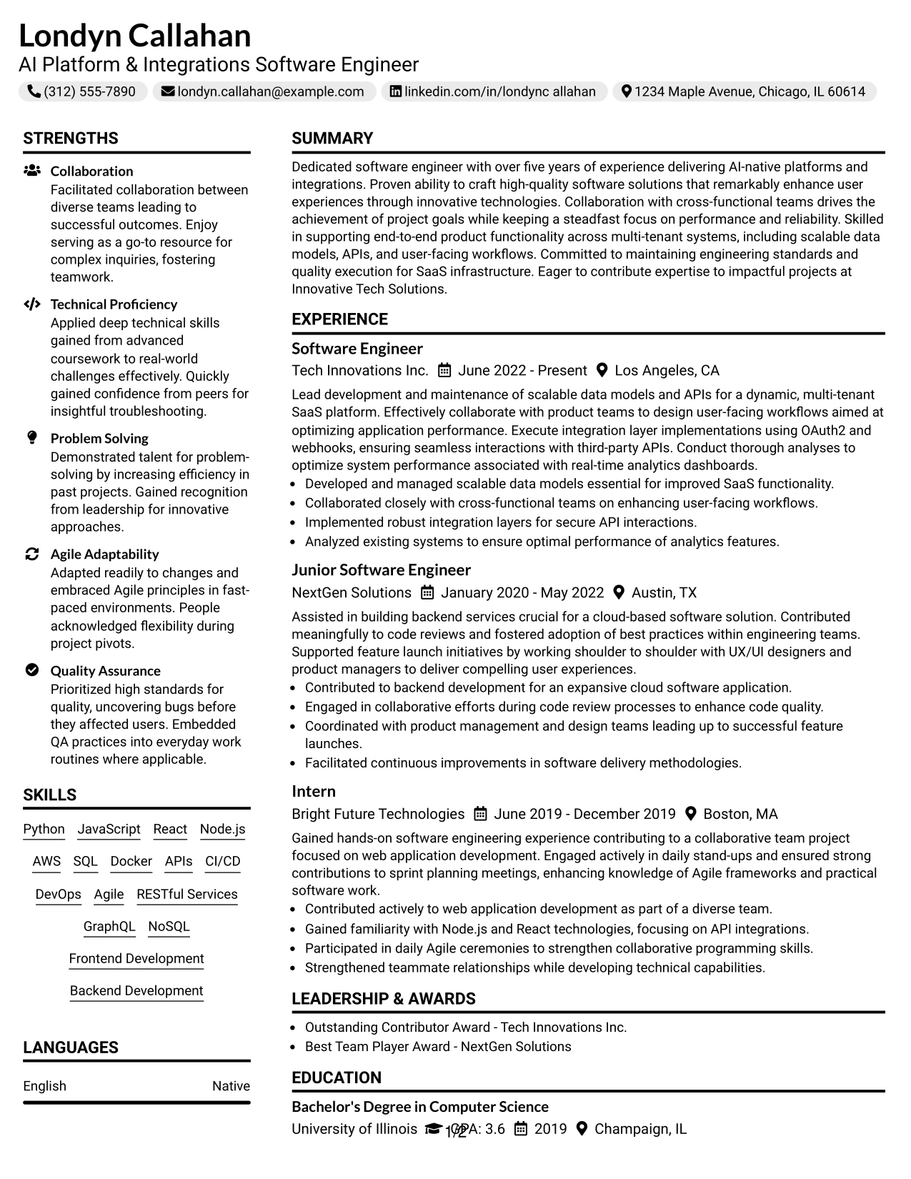Resume Example Page 1