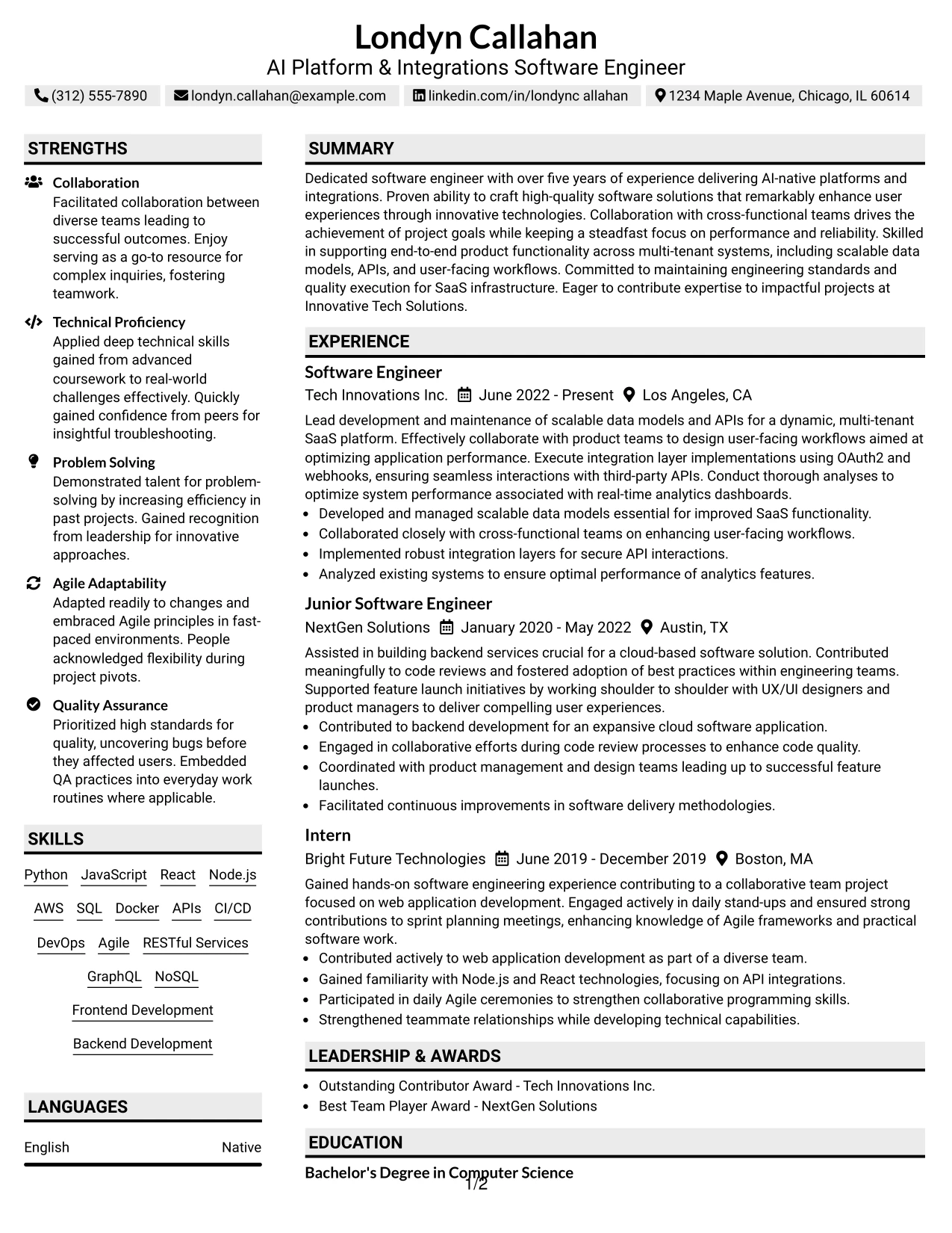 Resume Example Page 1