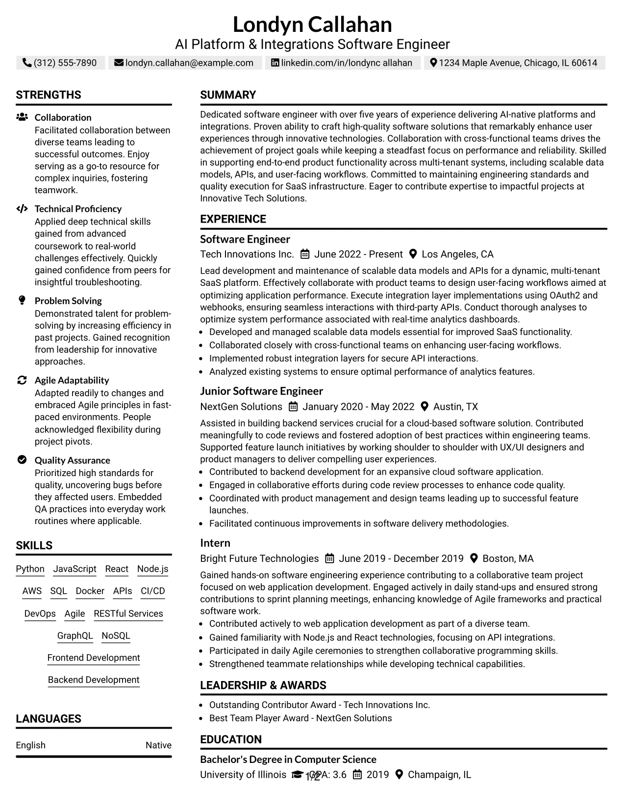 Resume Example Page 1