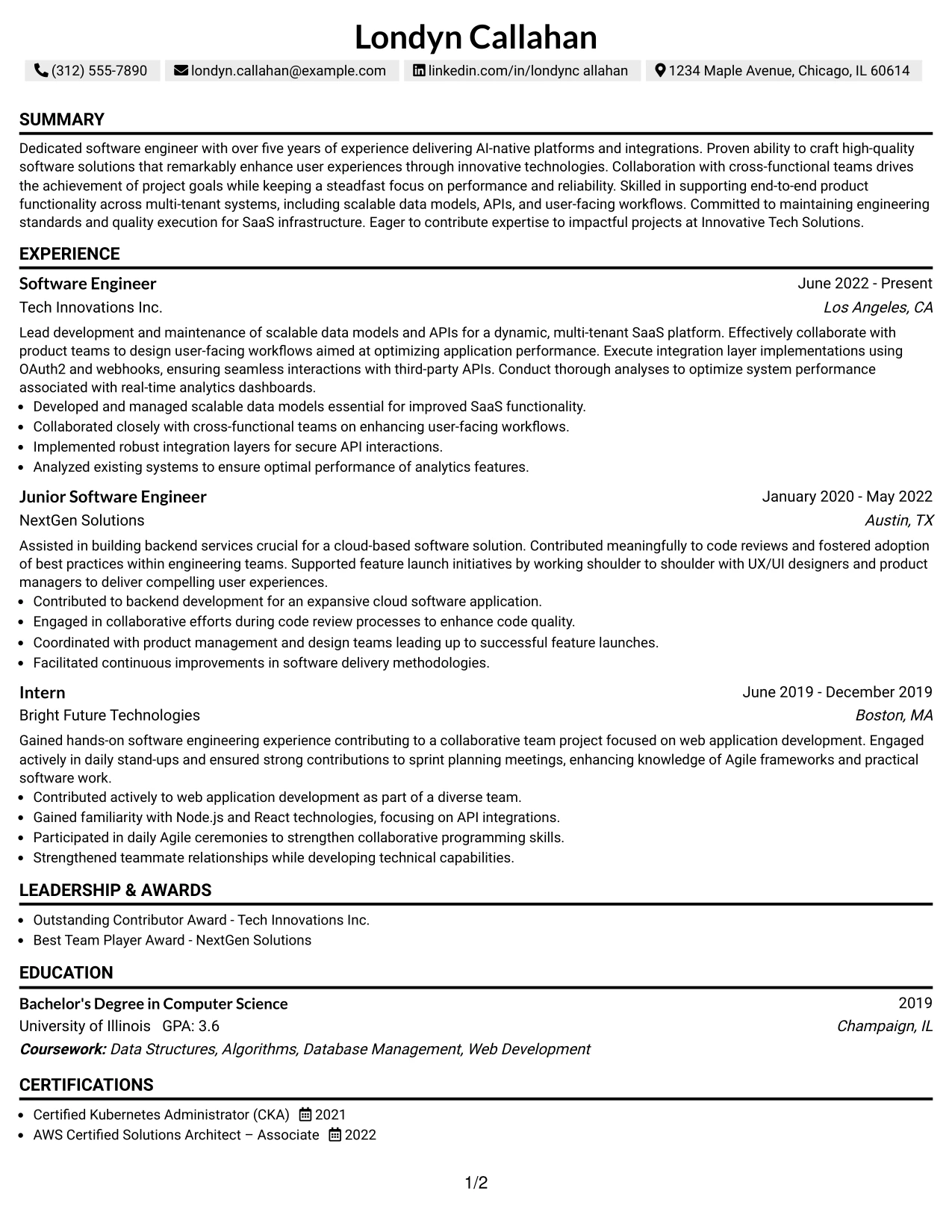Resume Example Page 1