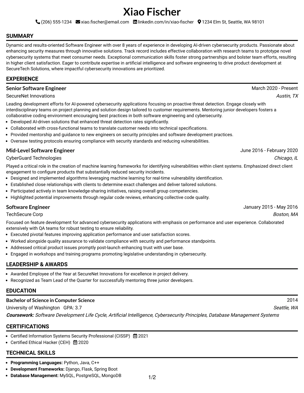 Resume Example Page 1