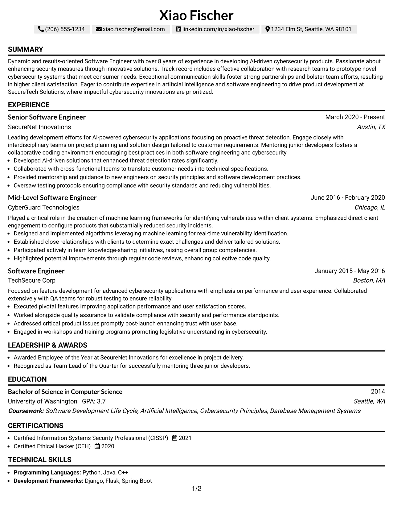 Resume Example Page 1