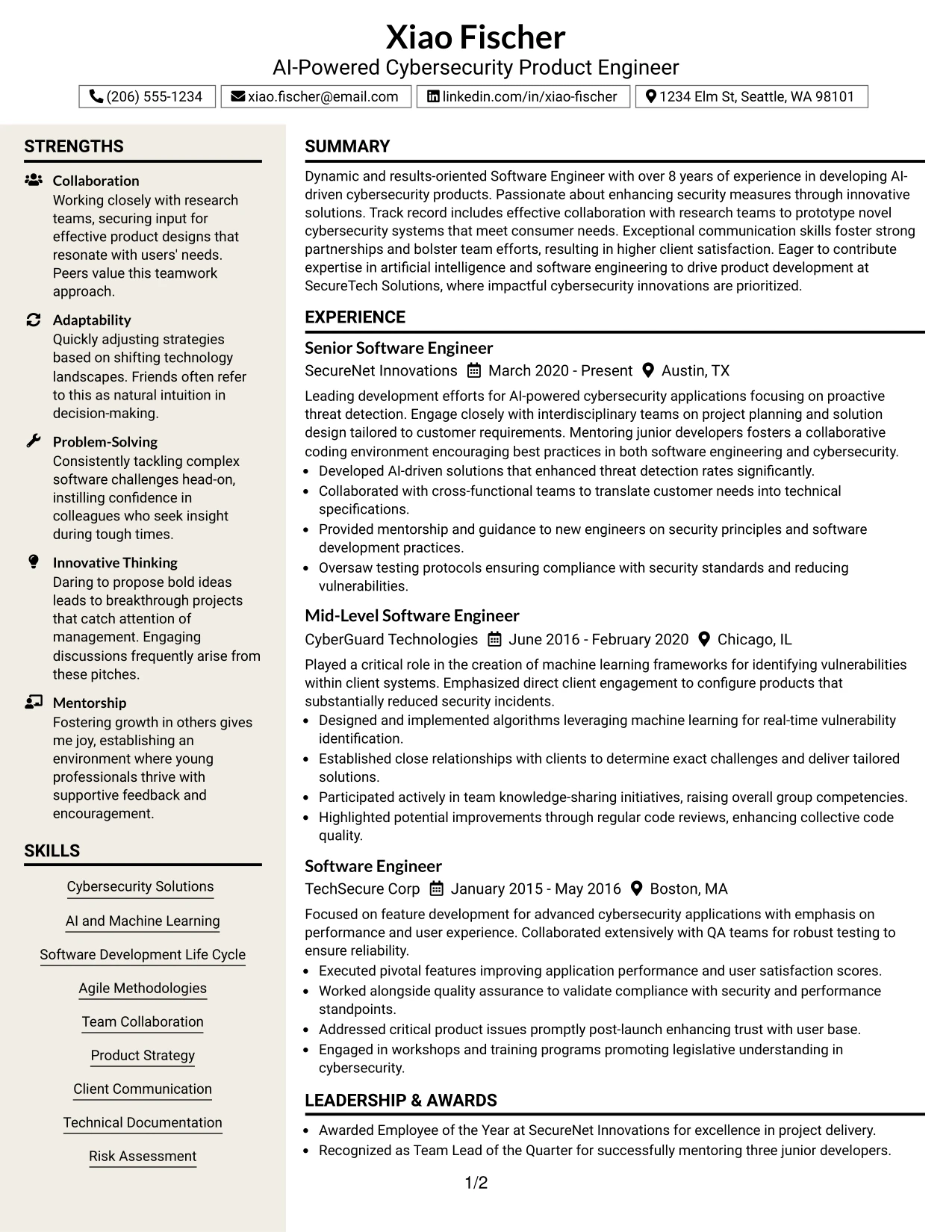 Resume Example Page 1