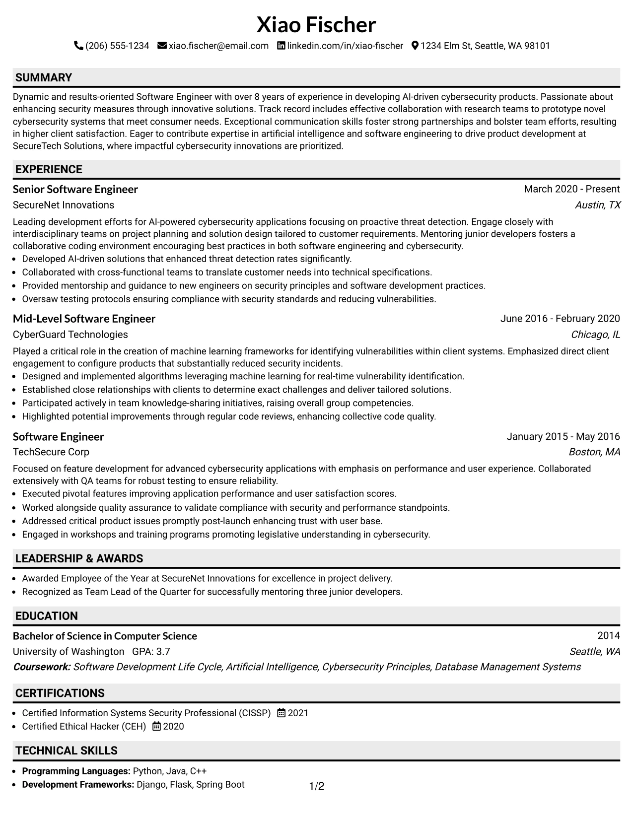Resume Example Page 1