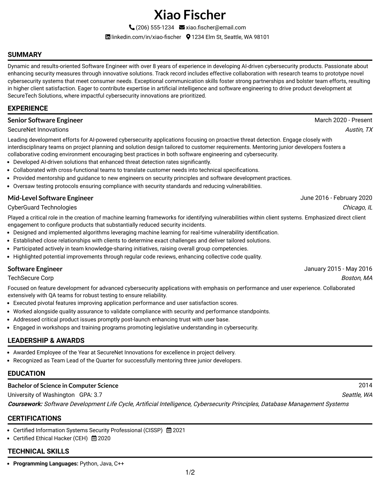 Resume Example Page 1