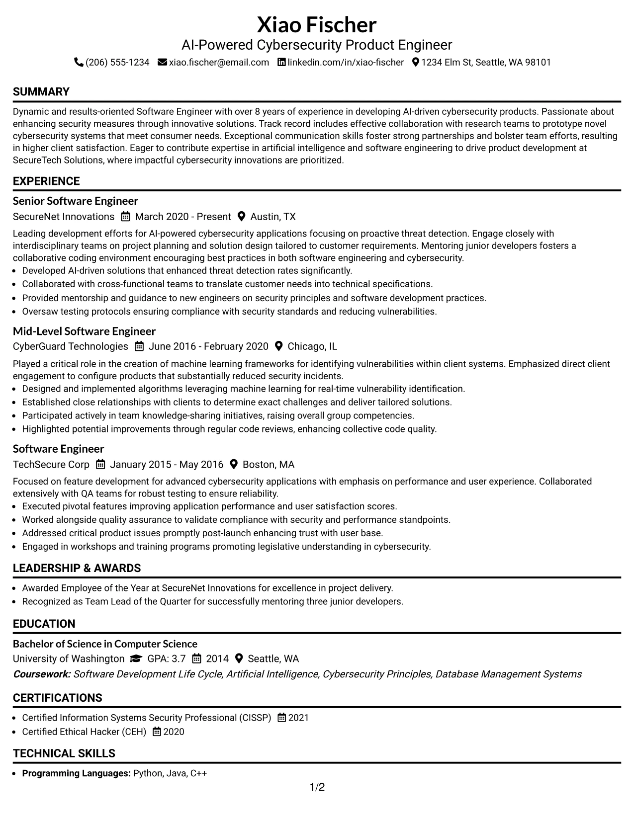 Resume Example Page 1