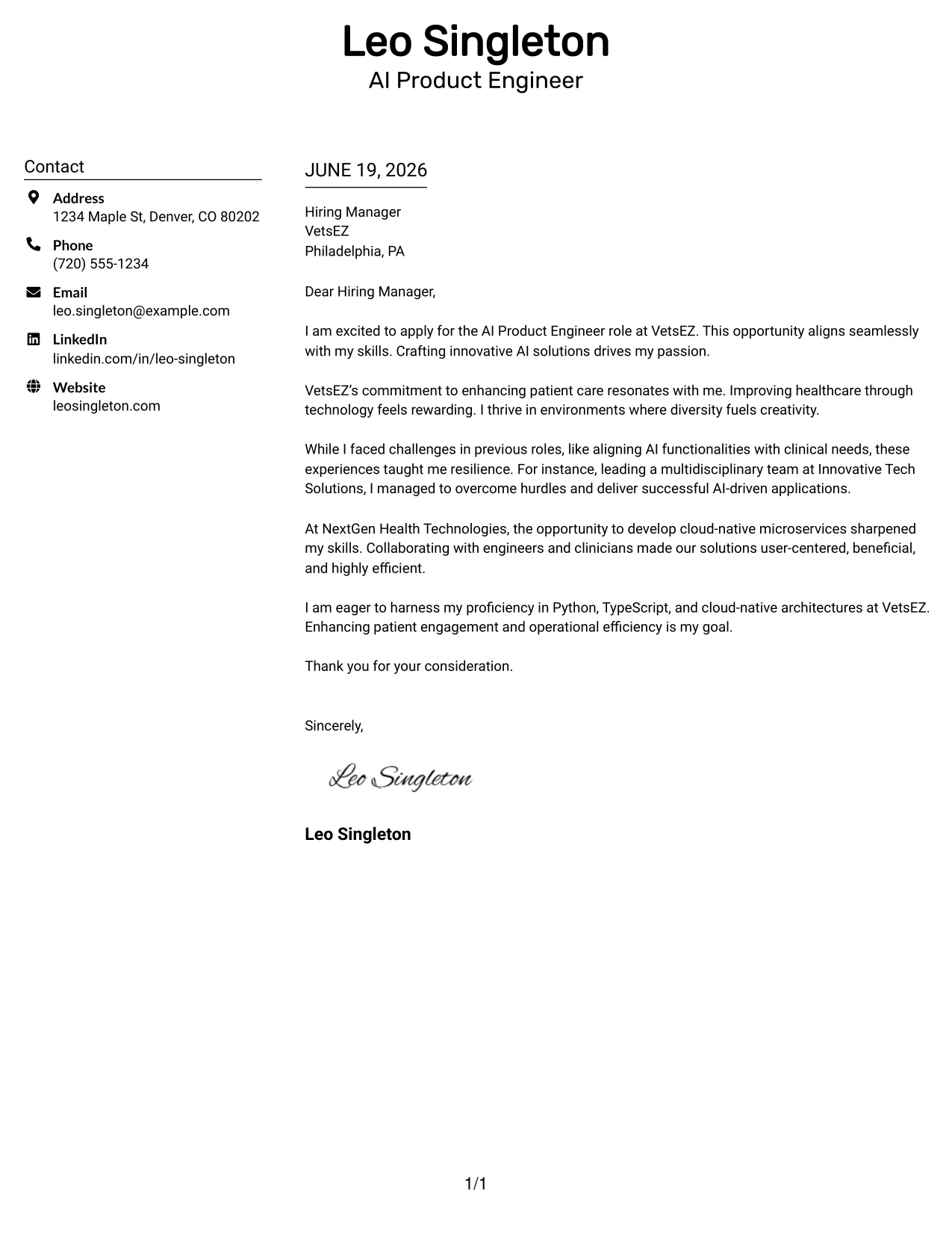 Resume Example Page 1