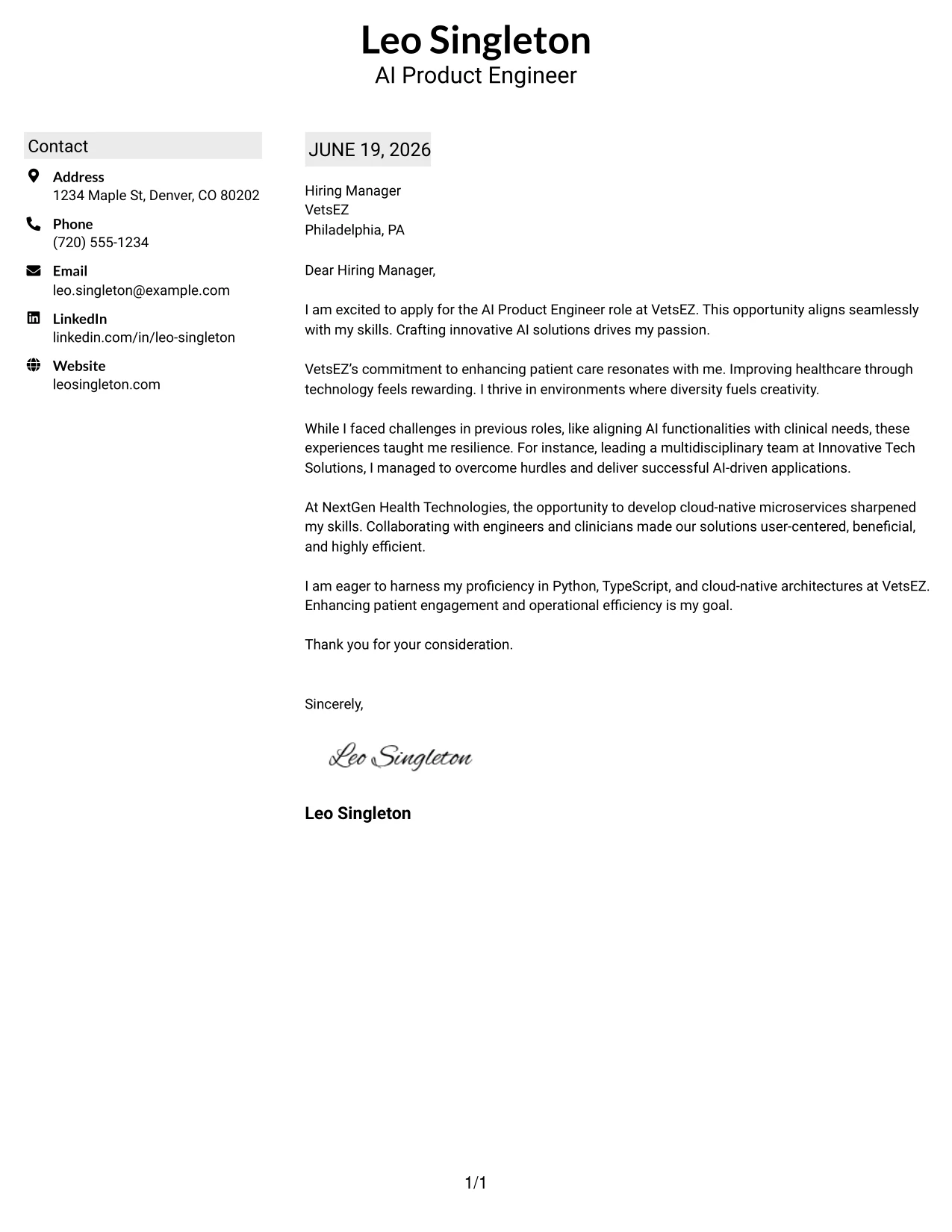 Resume Example Page 1