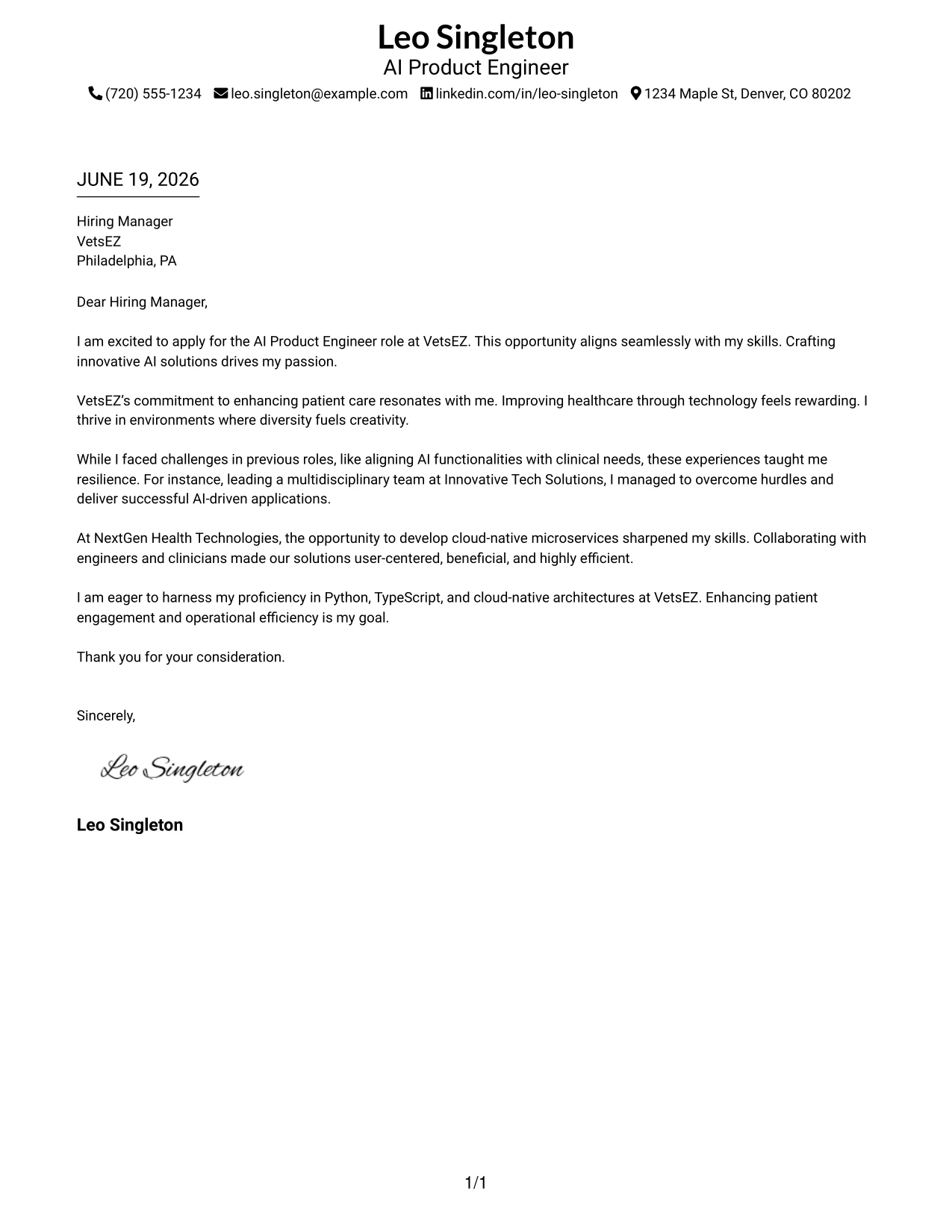 Resume Example Page 1