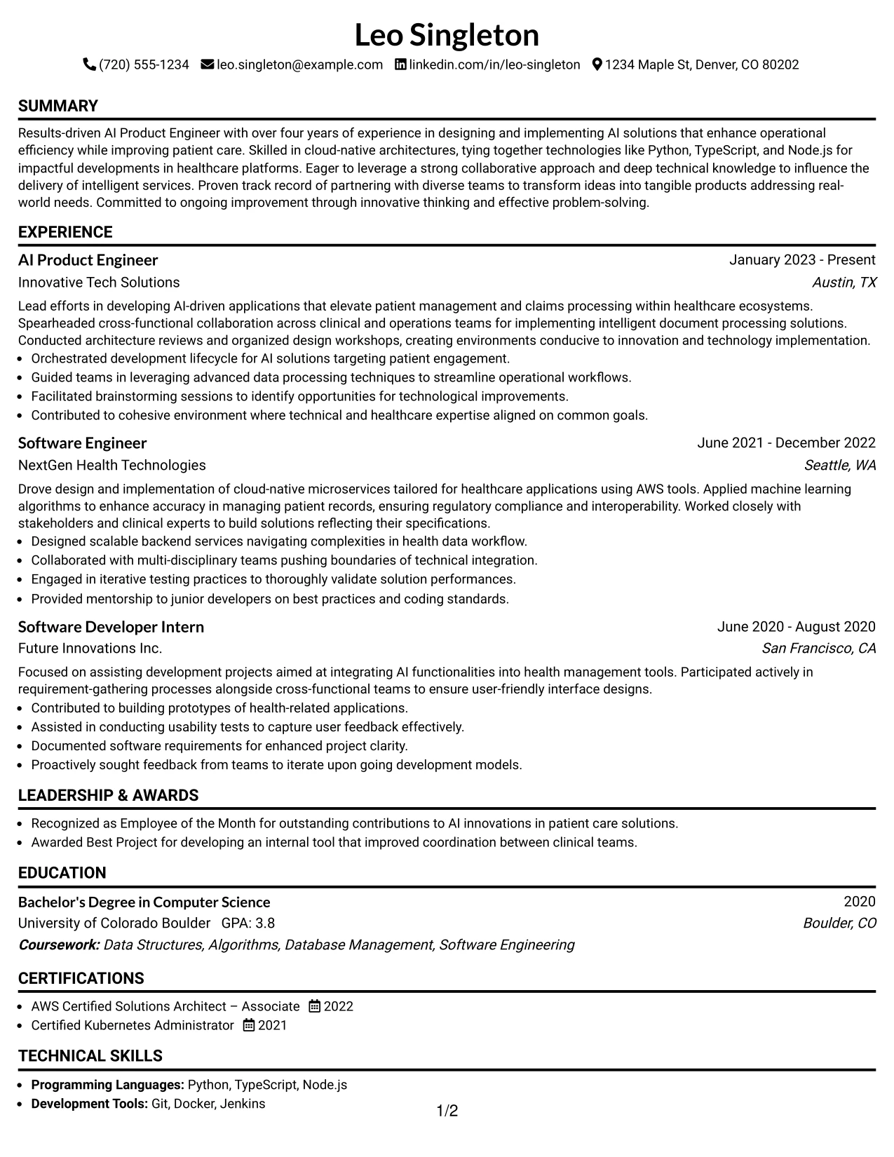Resume Example Page 1