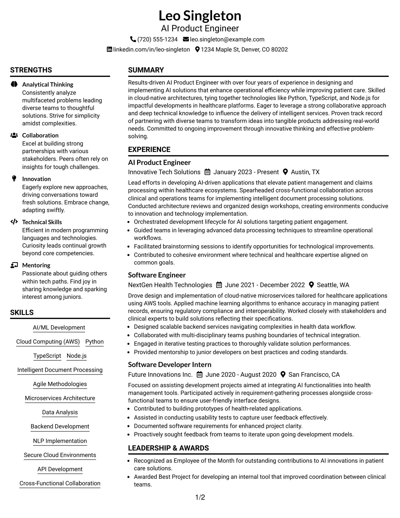 Resume Example Page 1