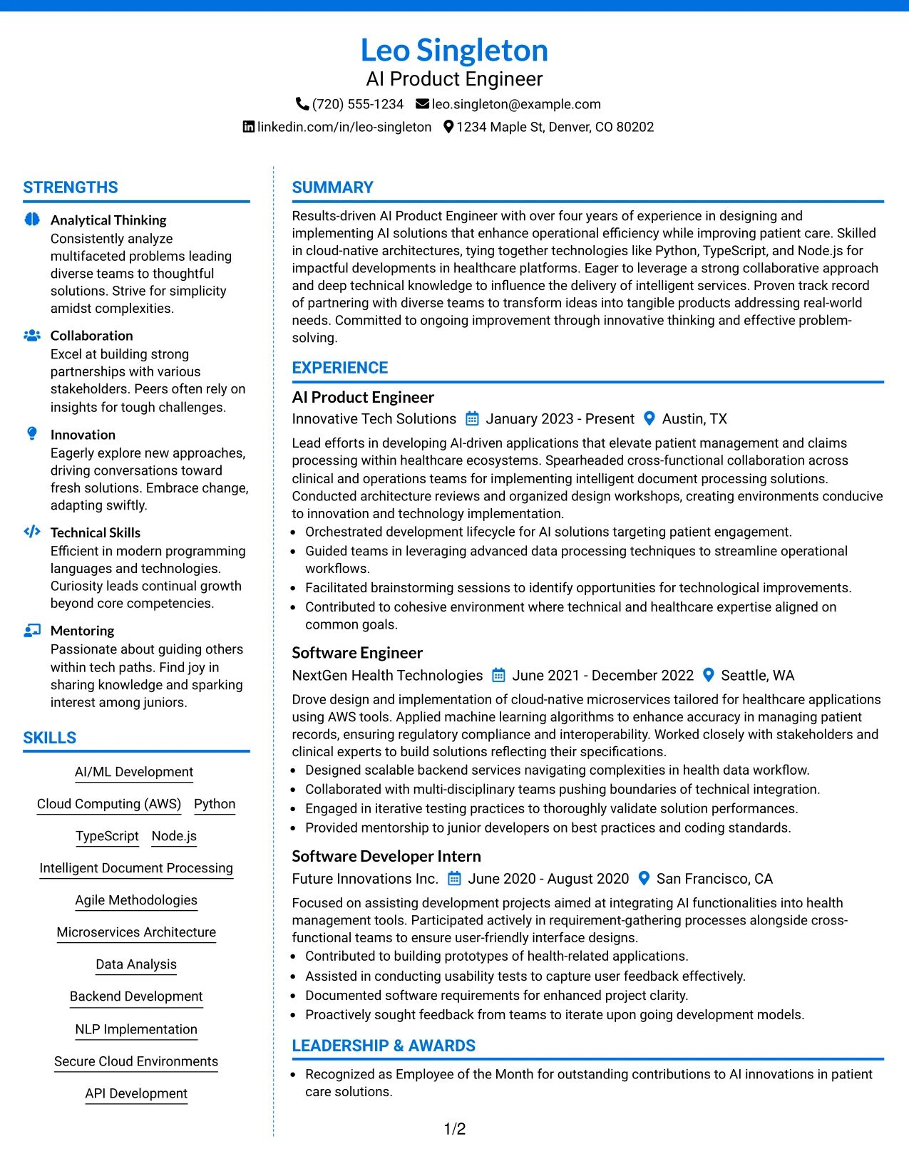 Resume Example Page 1