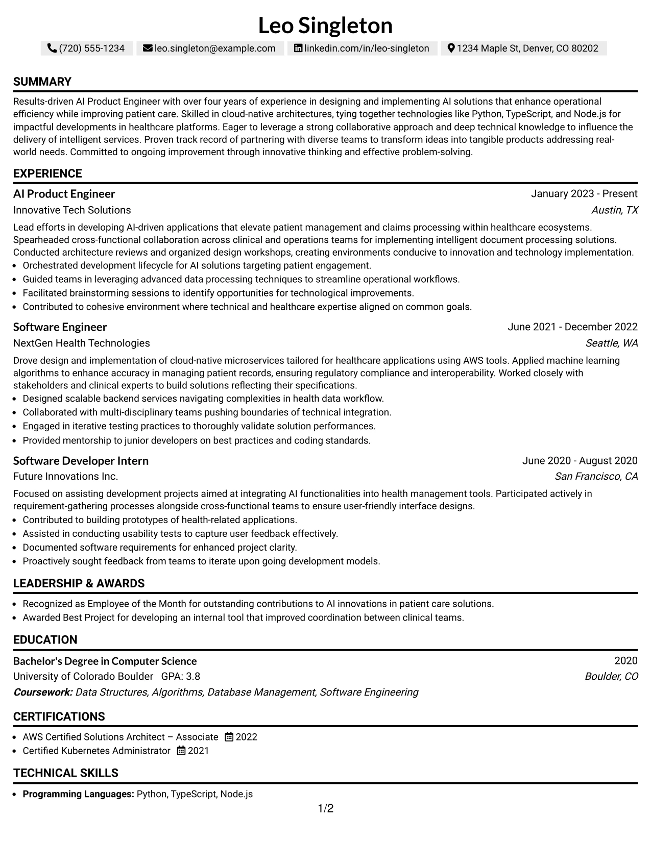 Resume Example Page 1