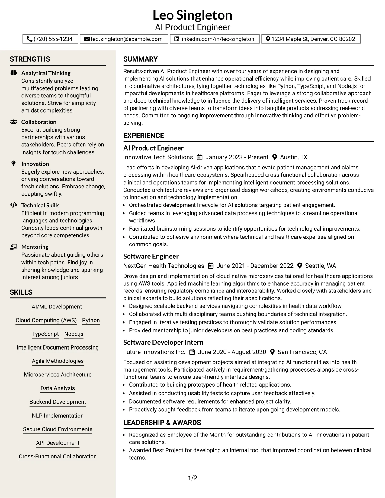 Resume Example Page 1