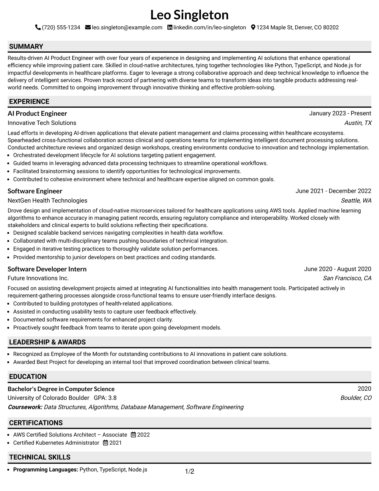 Resume Example Page 1