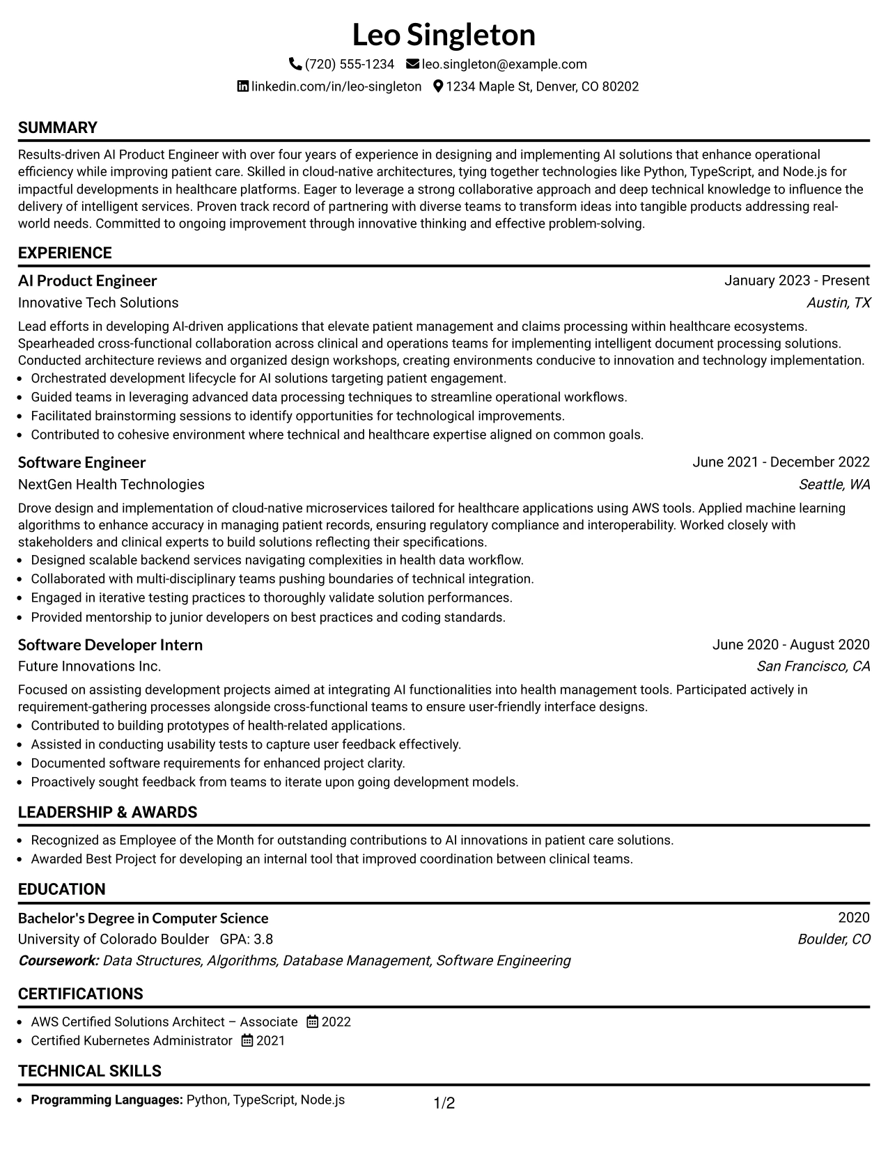 Resume Example Page 1