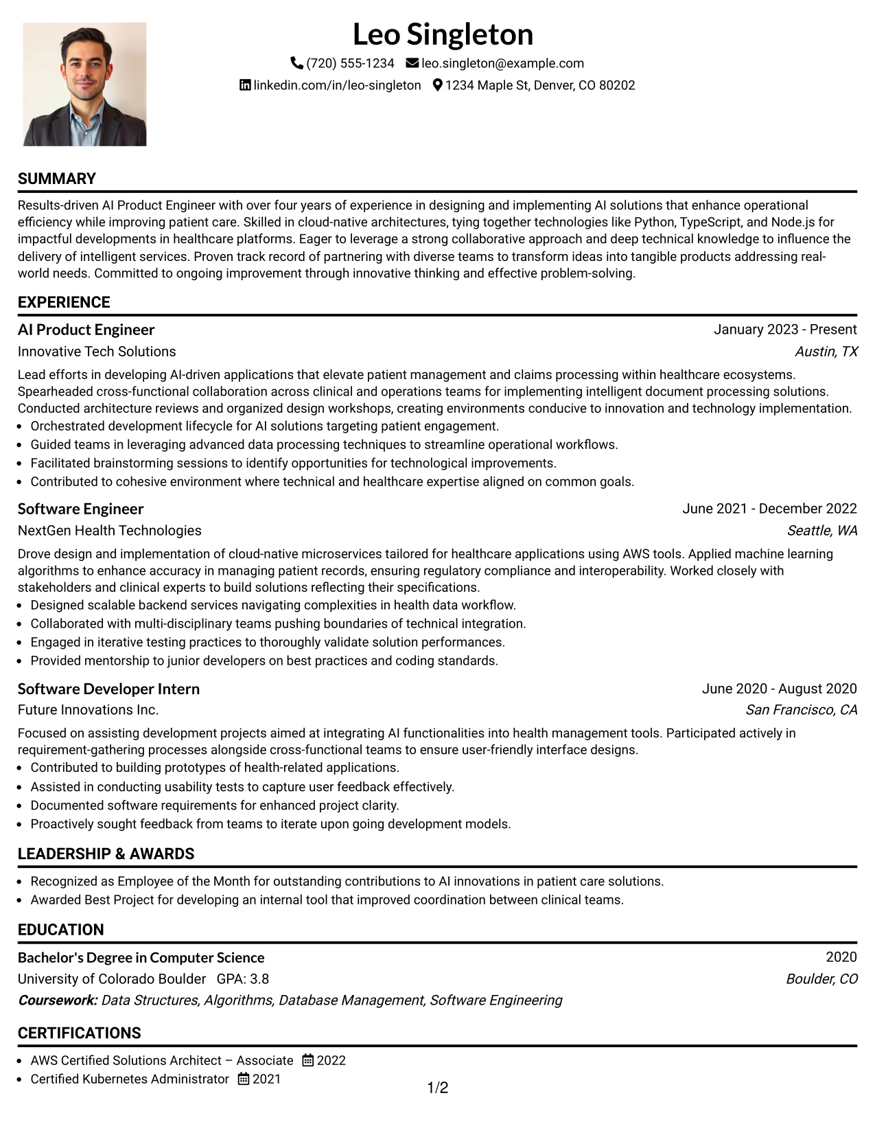Resume Example Page 1