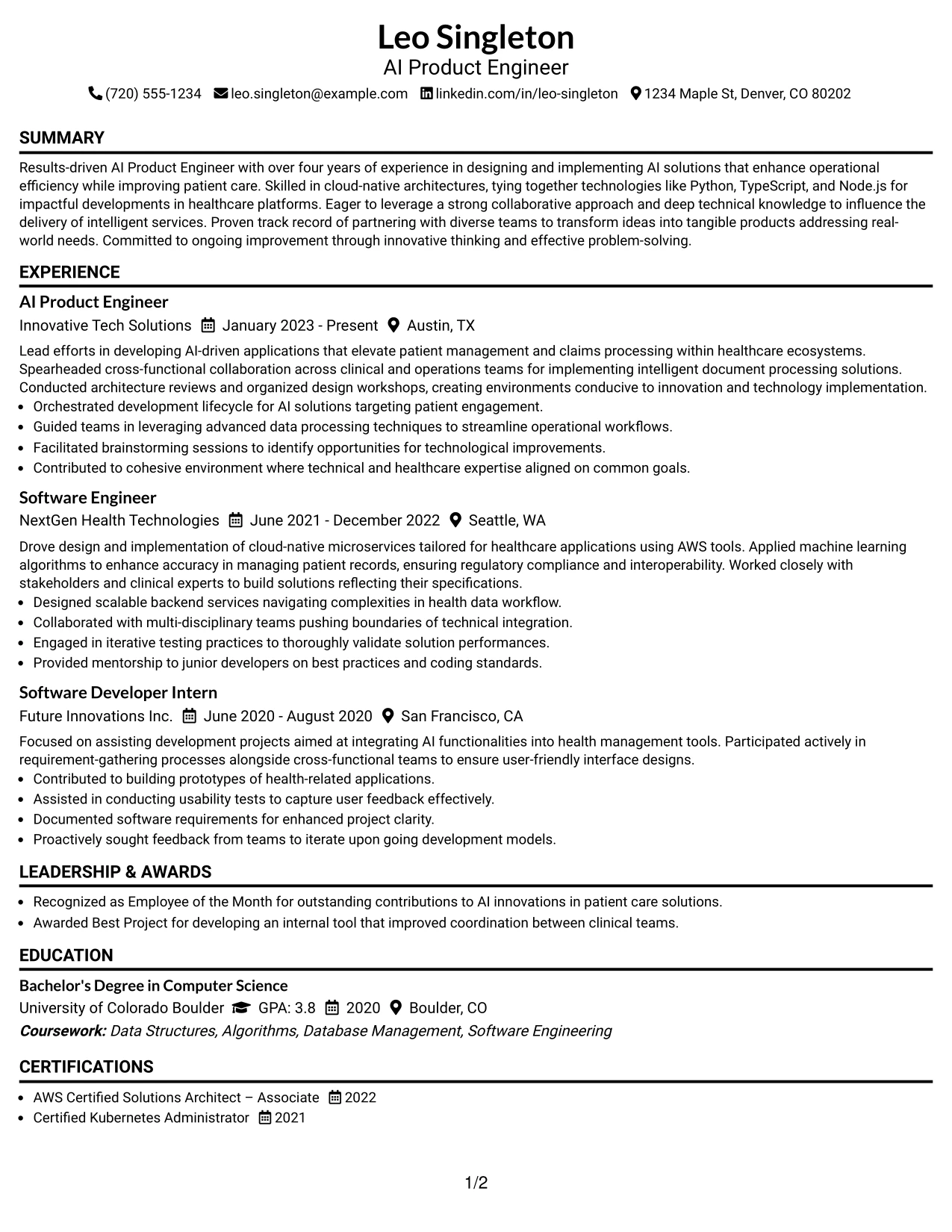Resume Example Page 1