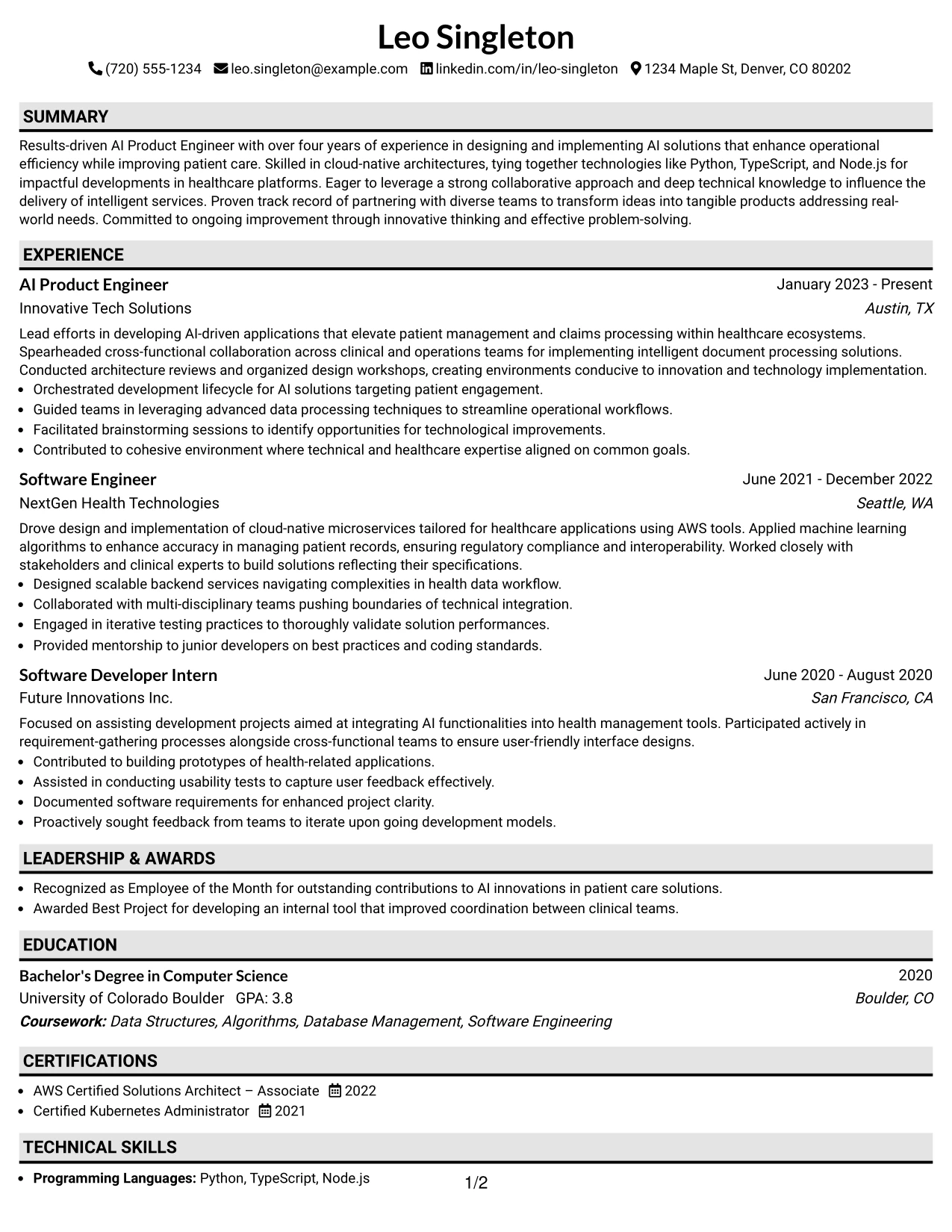 Resume Example Page 1