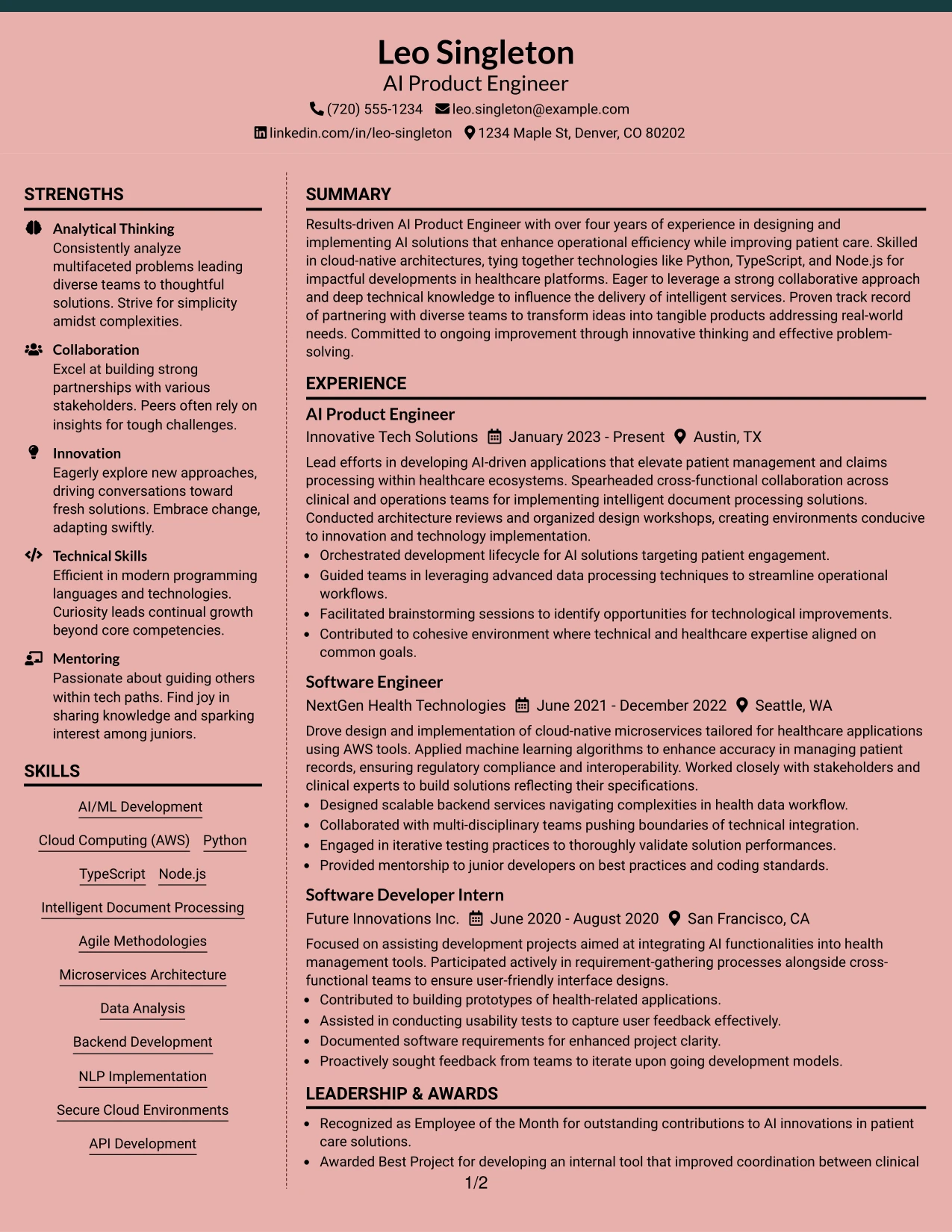 Resume Example Page 1