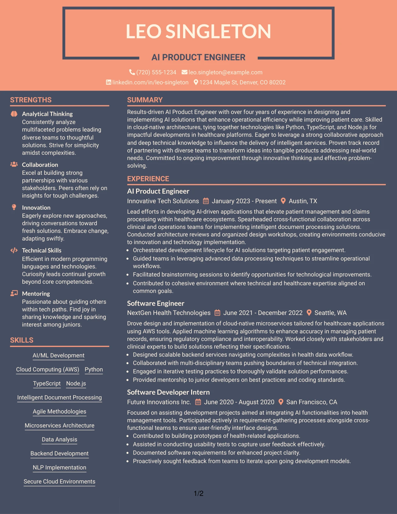 Resume Example Page 1