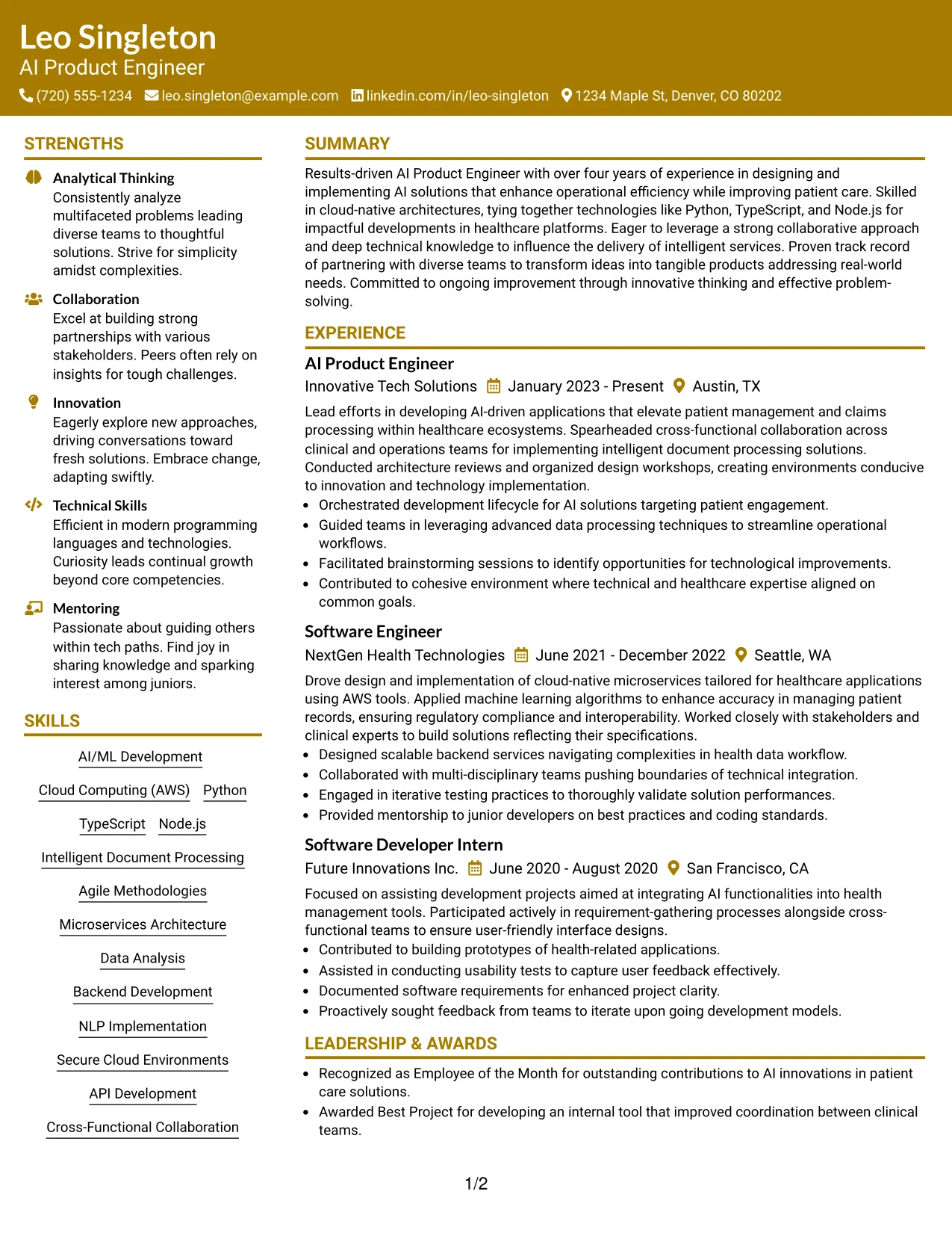 Resume Example Page 1