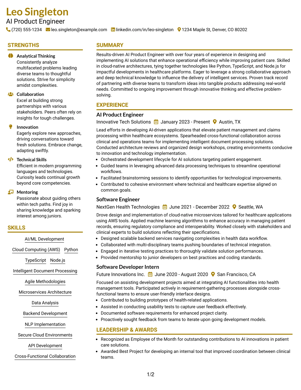 Resume Example Page 1