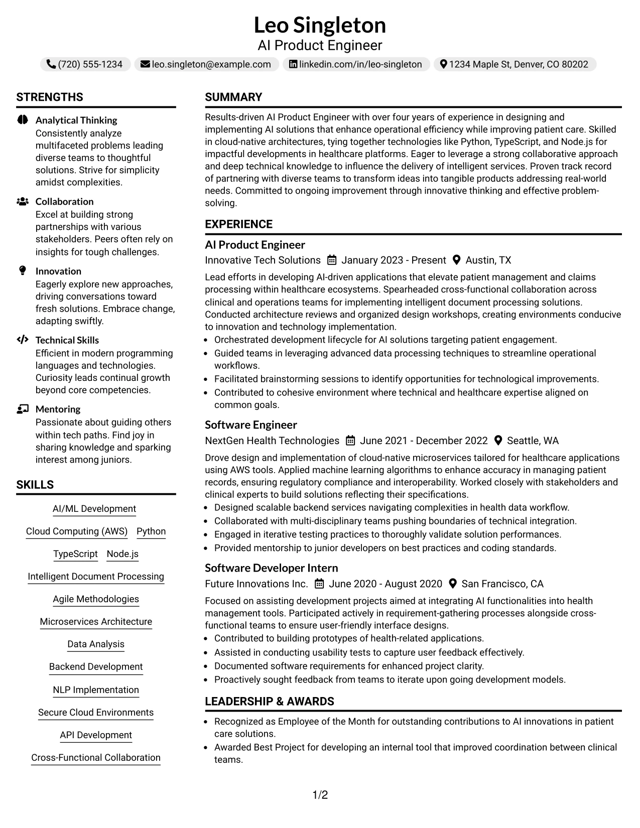 Resume Example Page 1
