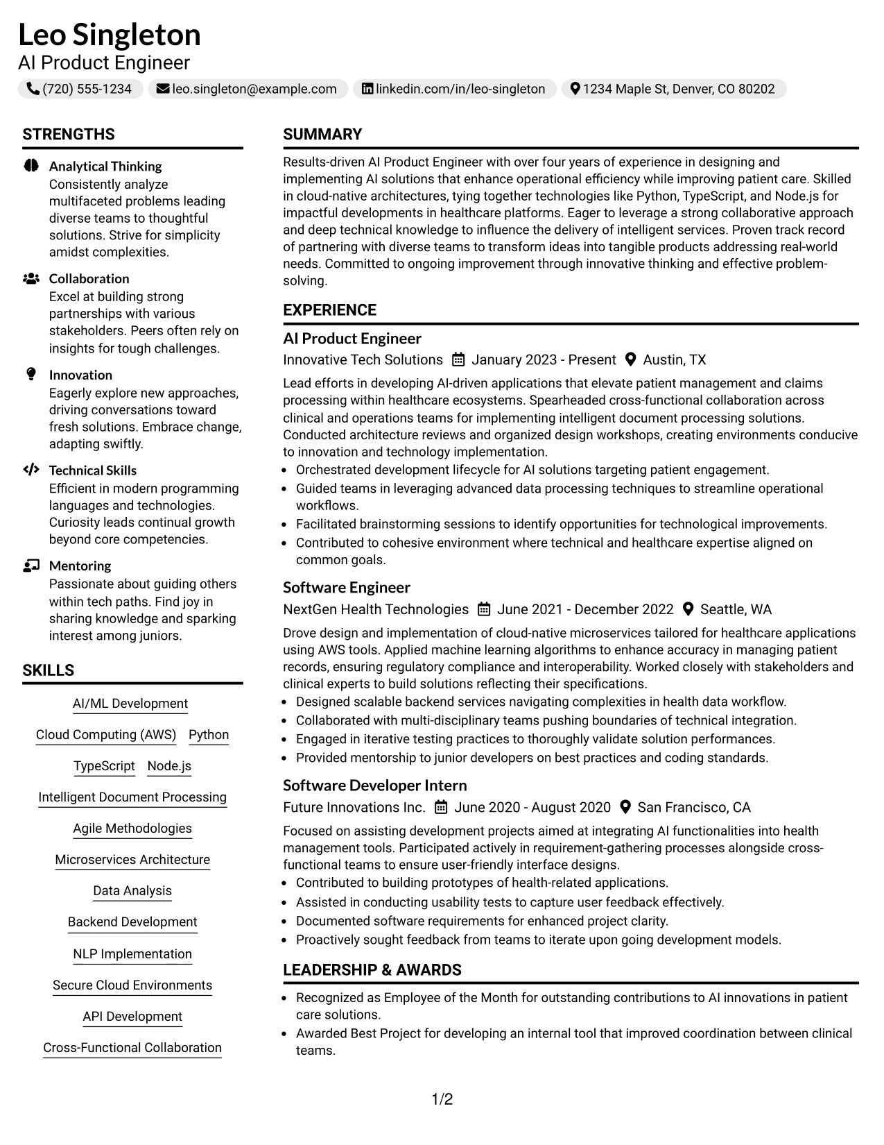 Resume Example Page 1
