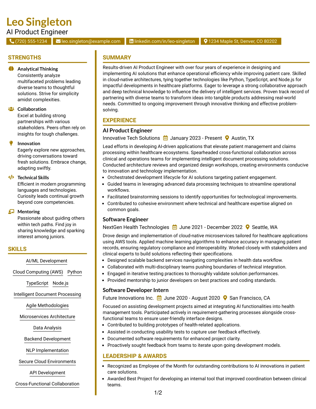 Resume Example Page 1