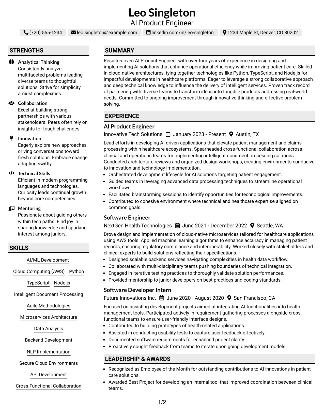 Resume Example Page 1