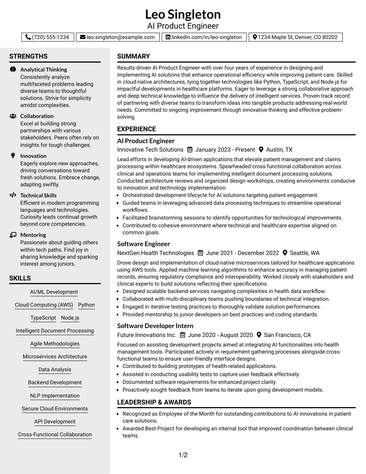 Resume Example Page 1