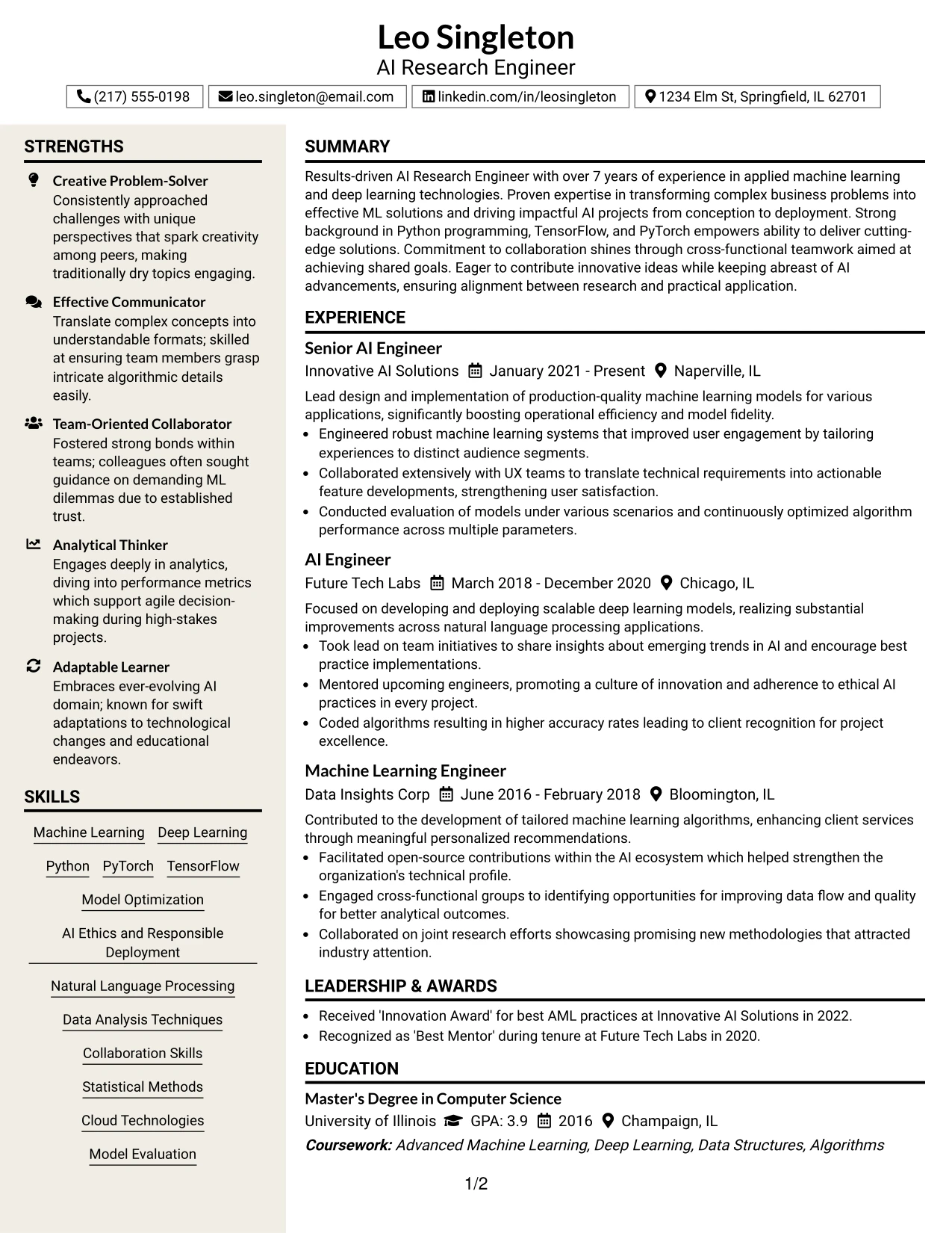 Resume Example Page 1