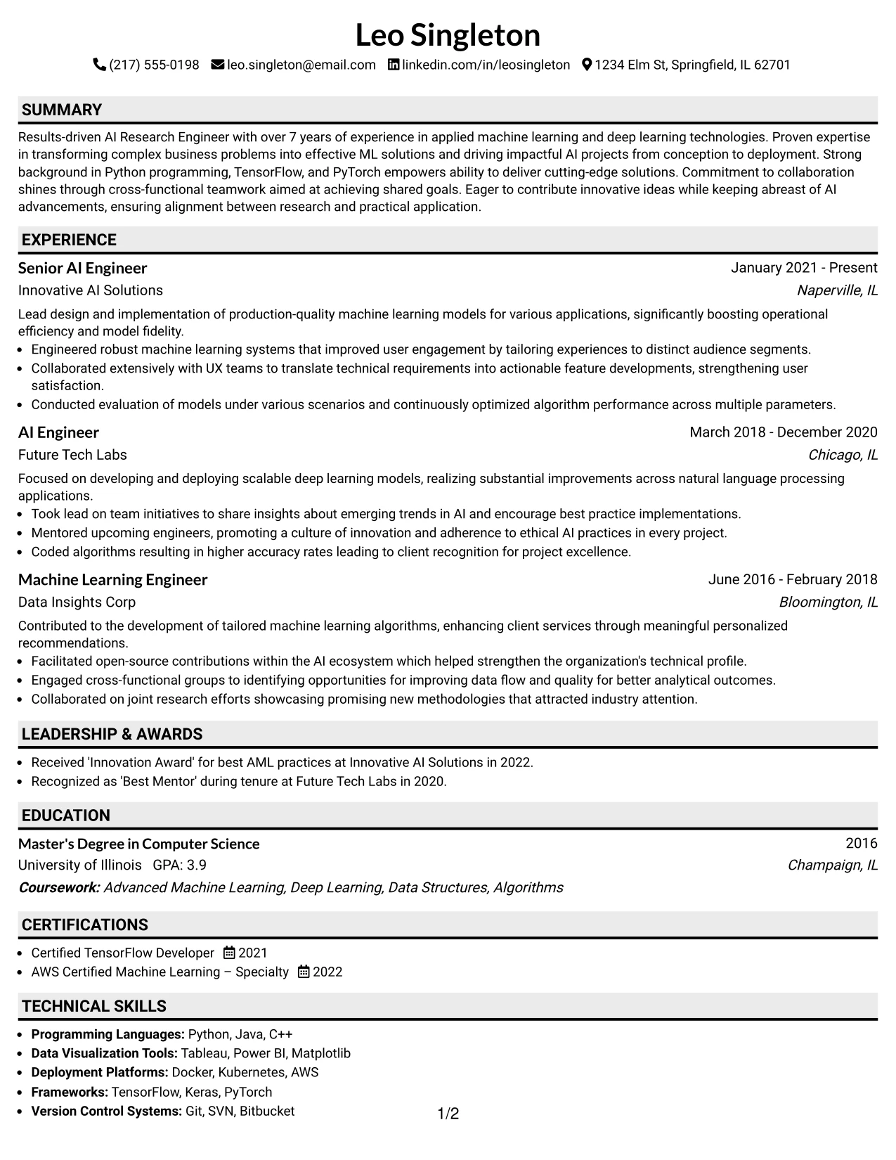 Resume Example Page 1