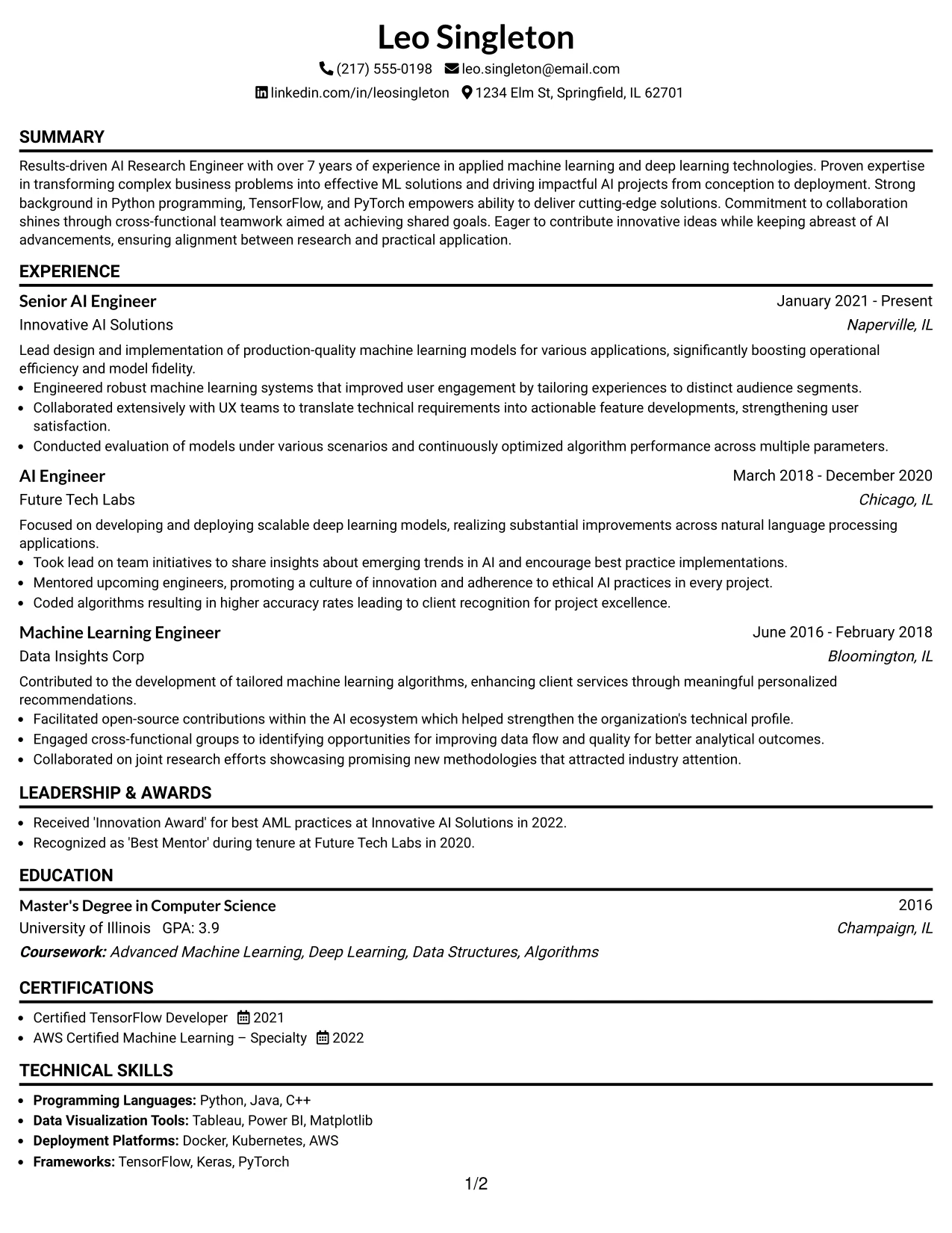 Resume Example Page 1