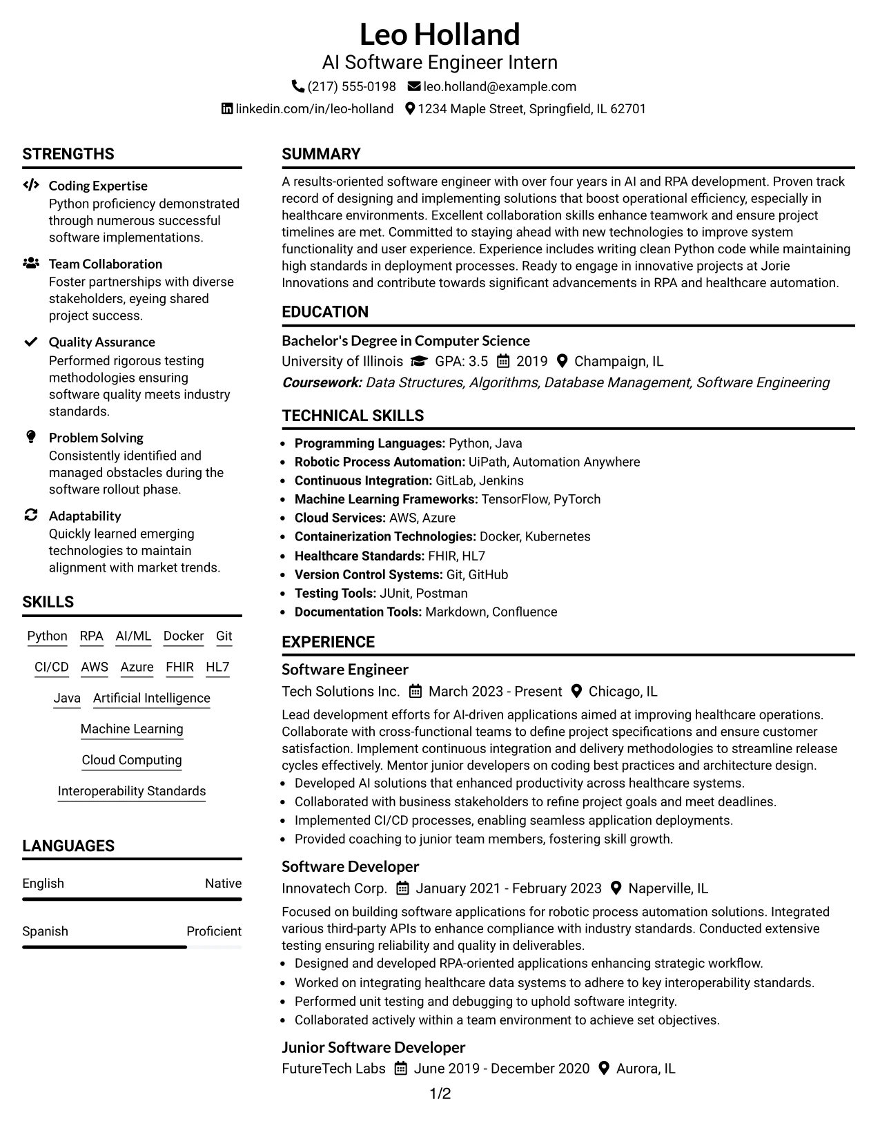 Resume Example Page 1